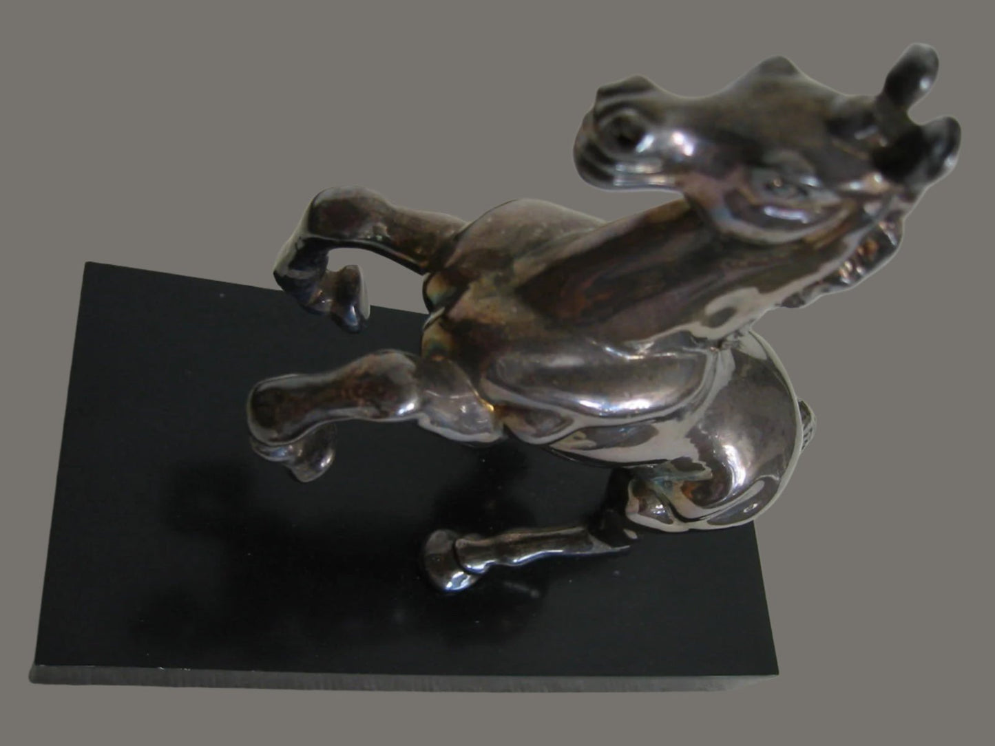 Chrome Horse Sculpture On Black Rectangle Stand - Designer Unique Finds 