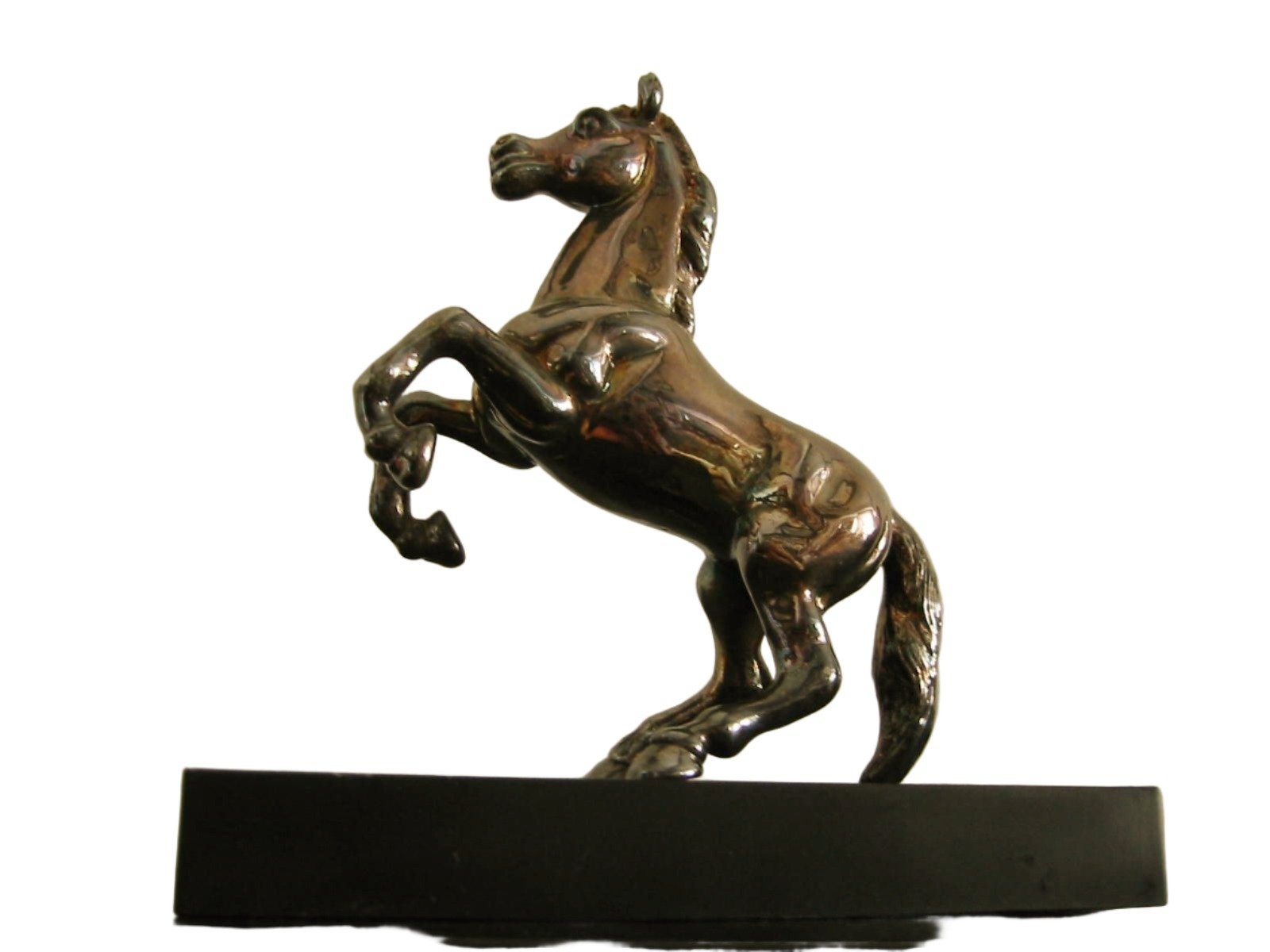 Chrome Horse Sculpture On Black Rectangle Stand - Designer Unique Finds 