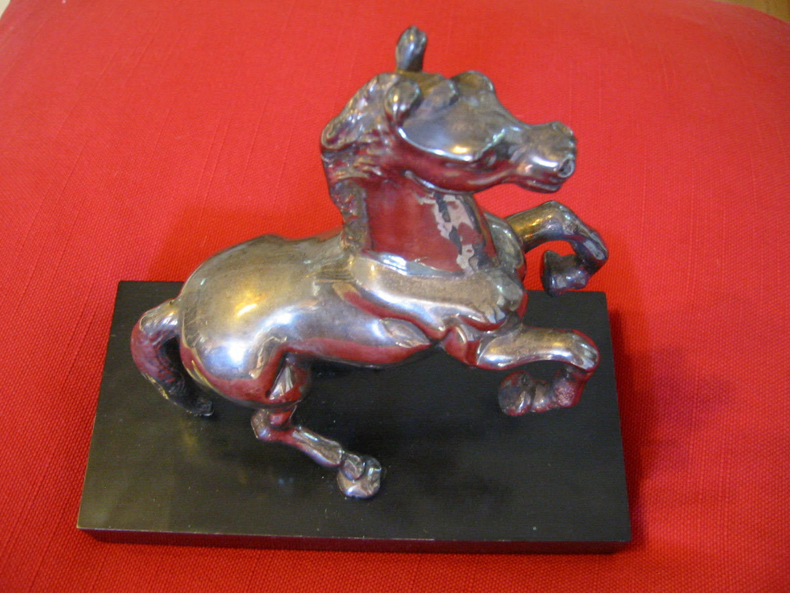 Chrome Horse Sculpture On Black Rectangle Stand - Designer Unique Finds 