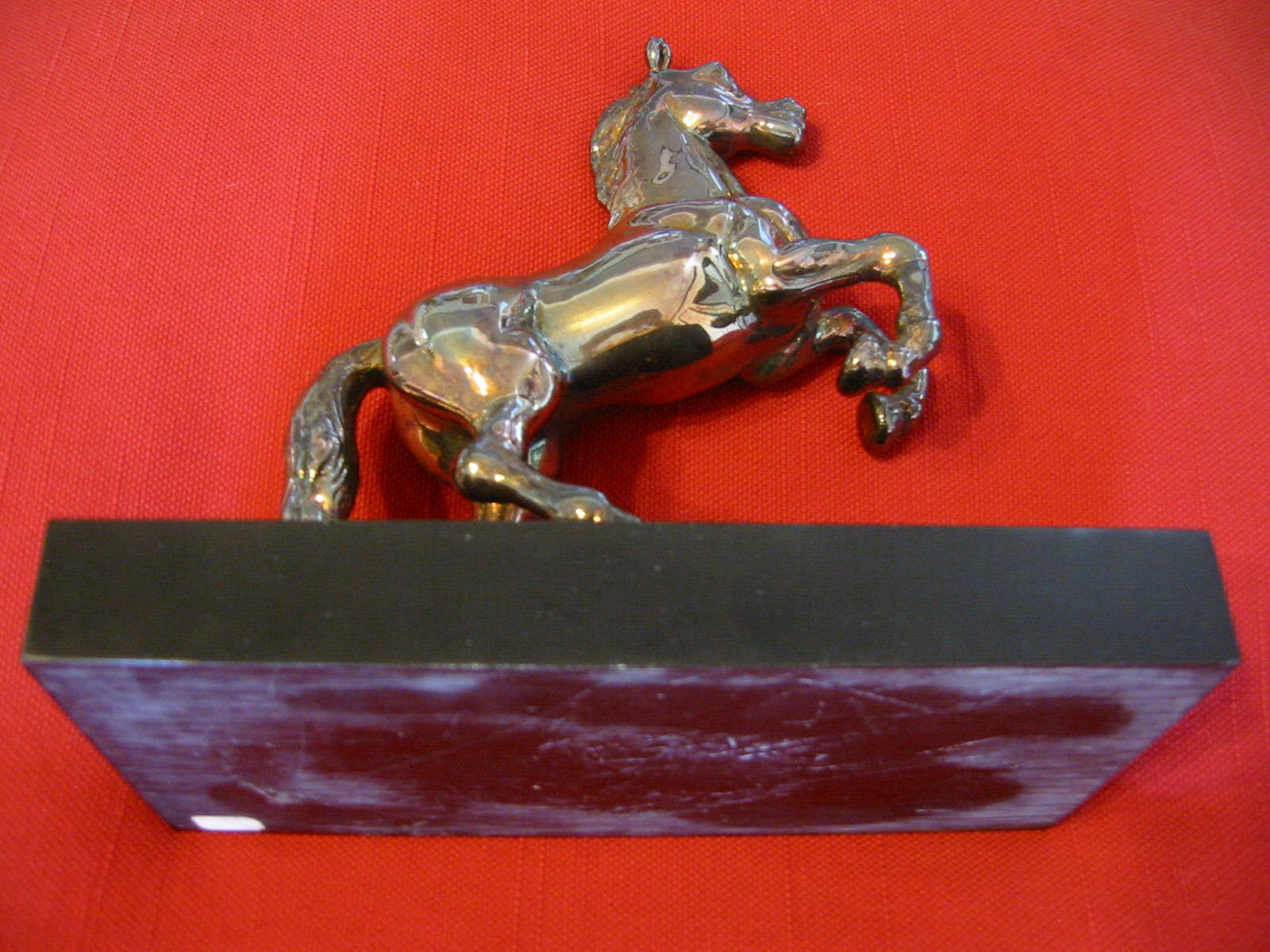 Chrome Horse Sculpture On Black Rectangle Stand - Designer Unique Finds 