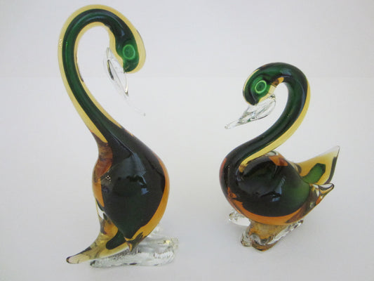 Green Murano Sommerso Seguso Ducks Italian Sculptures In Pair - Designer Unique Finds 