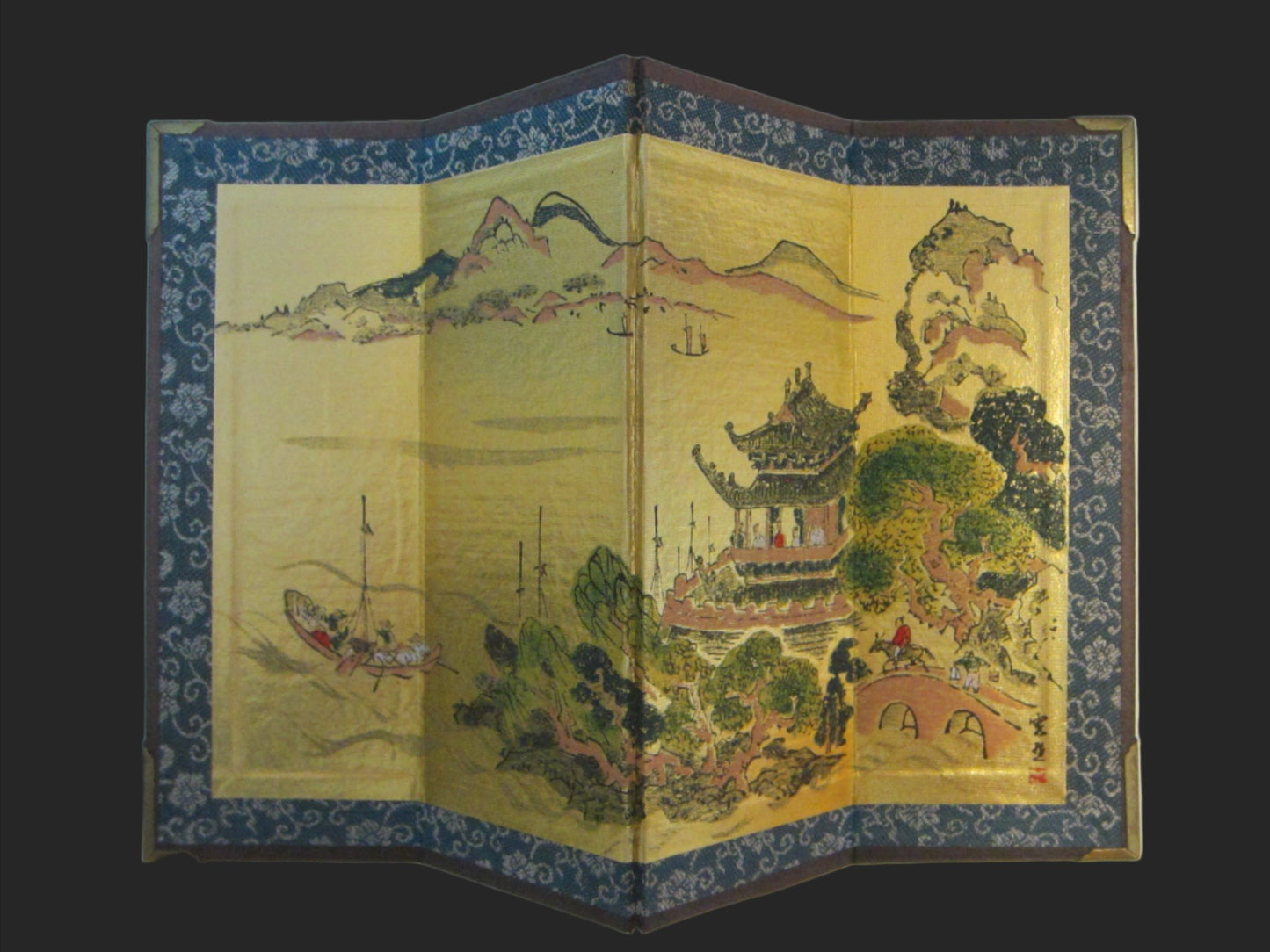 Byobu Four Panel Architectural Gold Paper Japanese Signed Table Screen