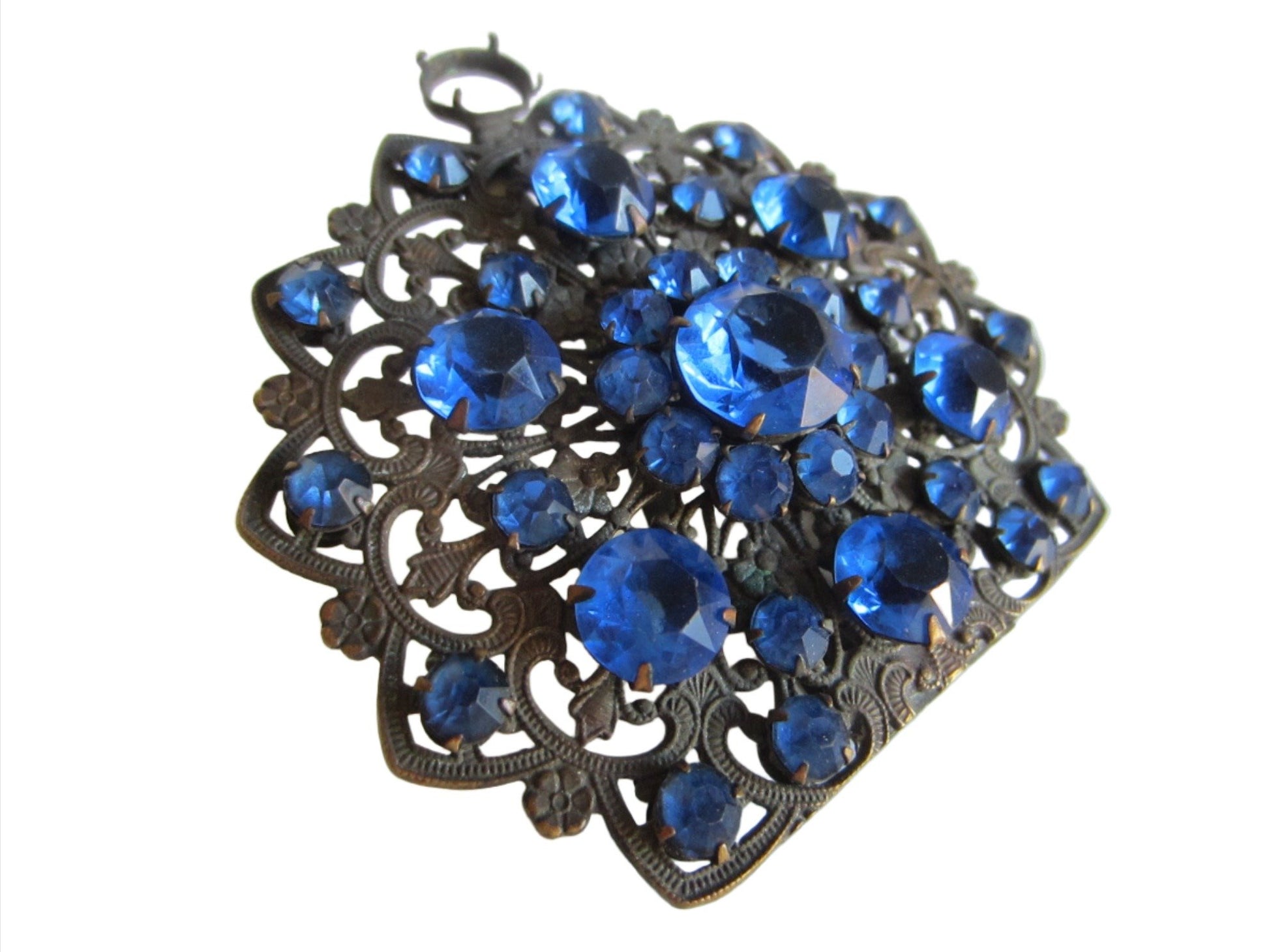 Art Deco Dress Clip Blue Glass Gems Cabochons Open Work