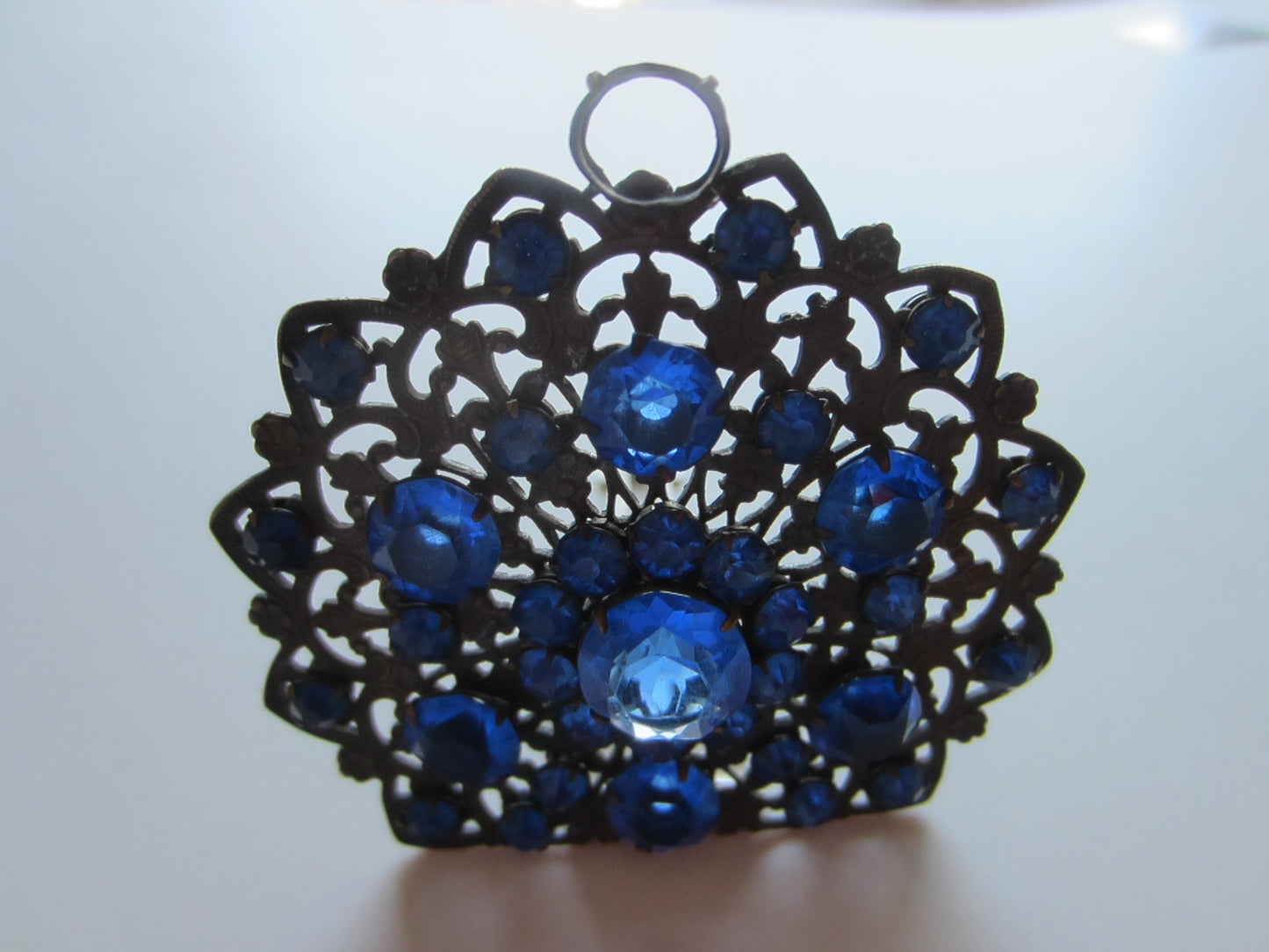 Art Deco Dress Clip Blue Glass Stones Cabochons Open Work - Designer Unique Finds 