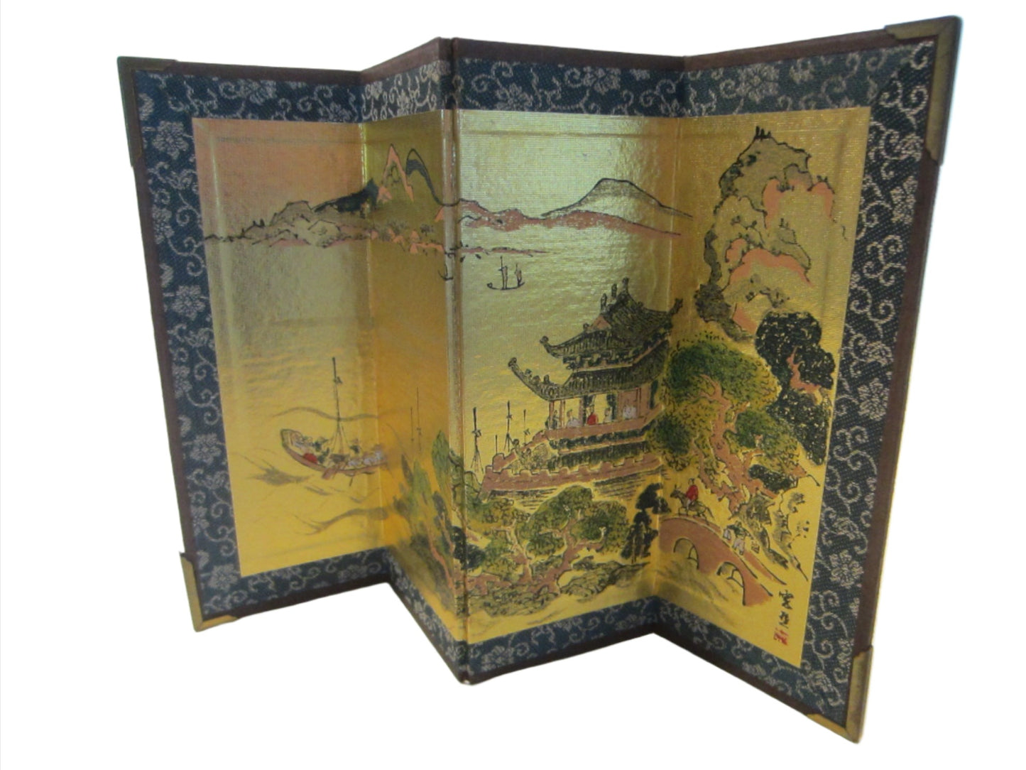 Byobu Four Panel Architectural Gold Paper Japanese Signed Table Screen