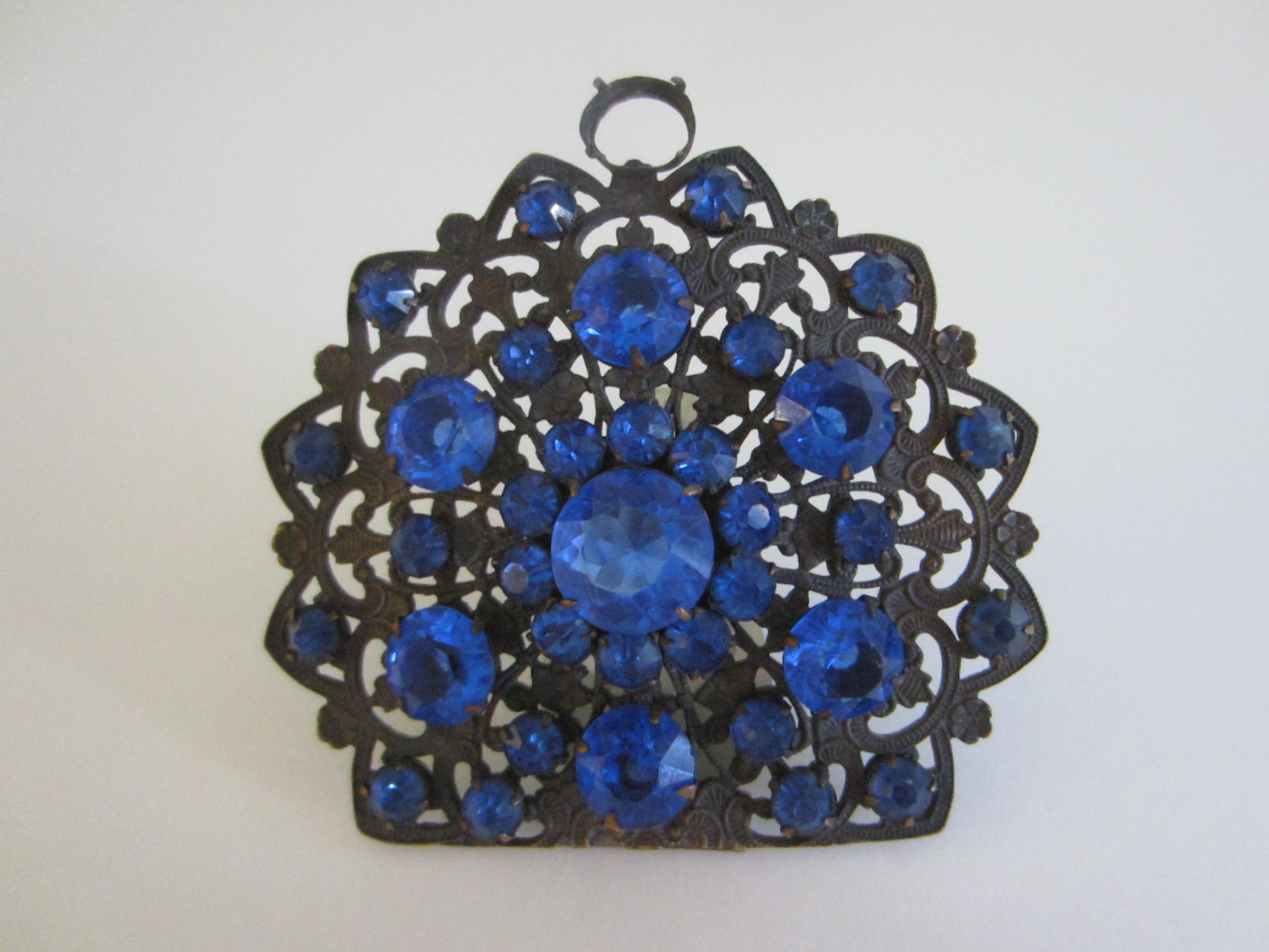 Art Deco Dress Clip Blue Glass Stones Cabochons Open Work - Designer Unique Finds 