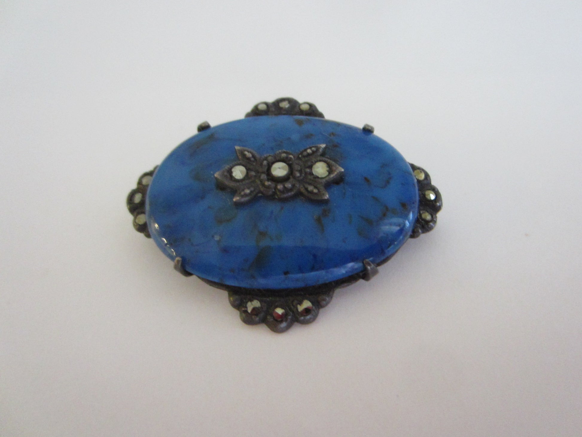 Sterling Brooch Marcasite Blue Lapis Cabochon - Designer Unique Finds 