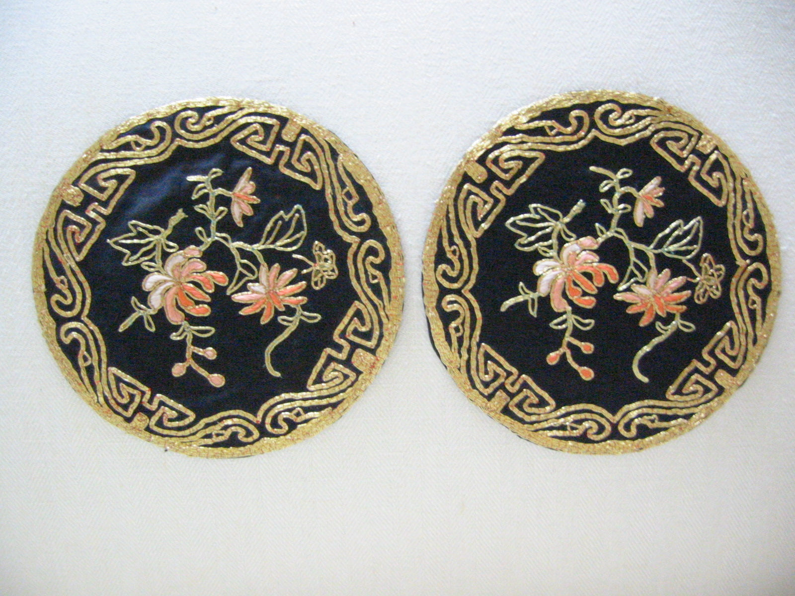 Golden Cloud Chinese Round Black Fabric Gold Embroidery Floral Doily In Pair - Designer Unique Finds 