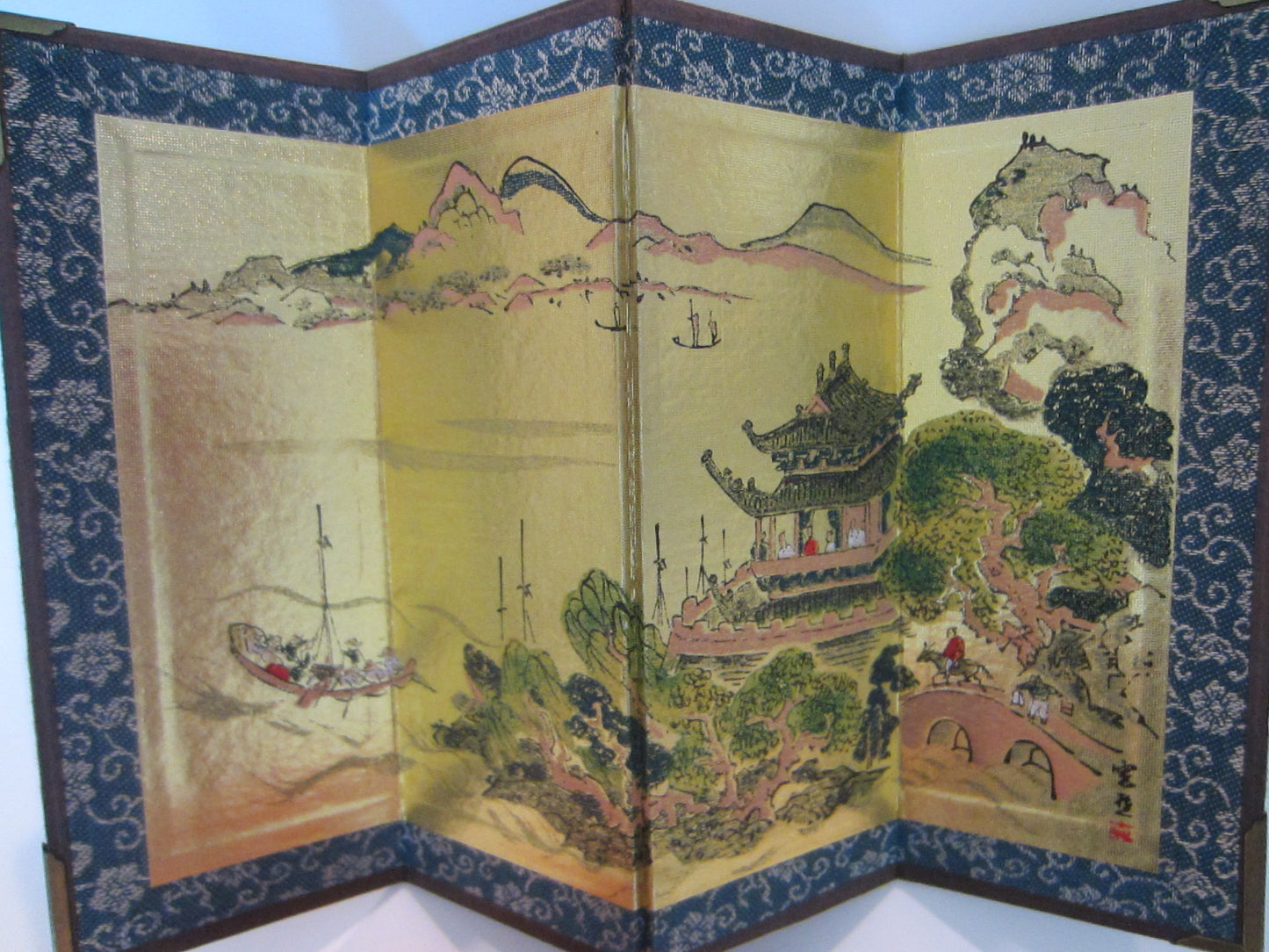 Byobu Four Panel Architectural Gold Paper Japanese Signed Table Screen