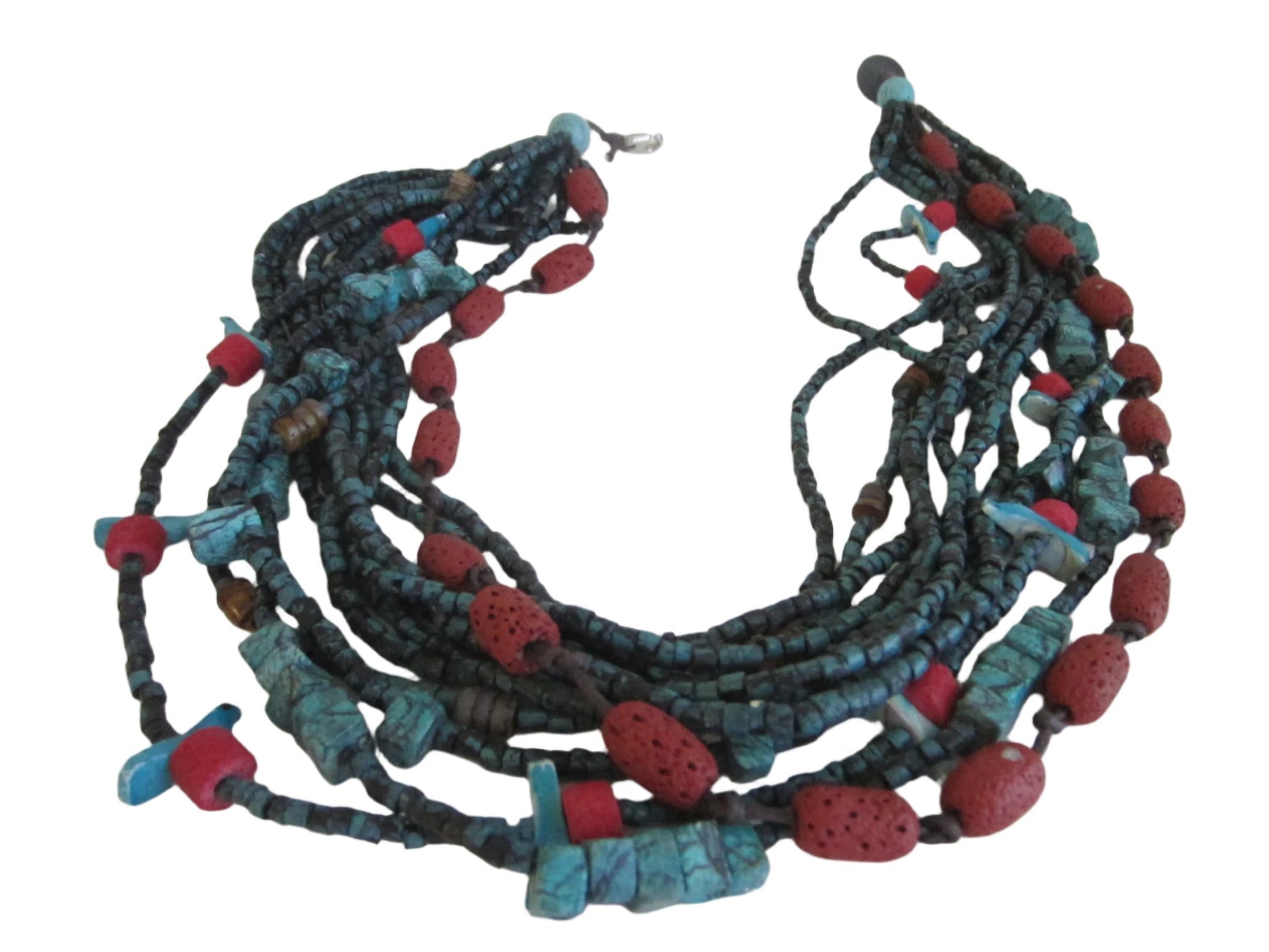 Southwestern Hand Carved Turquoise Coral Bead Strands Necklace Birds - Designer Unique Finds 