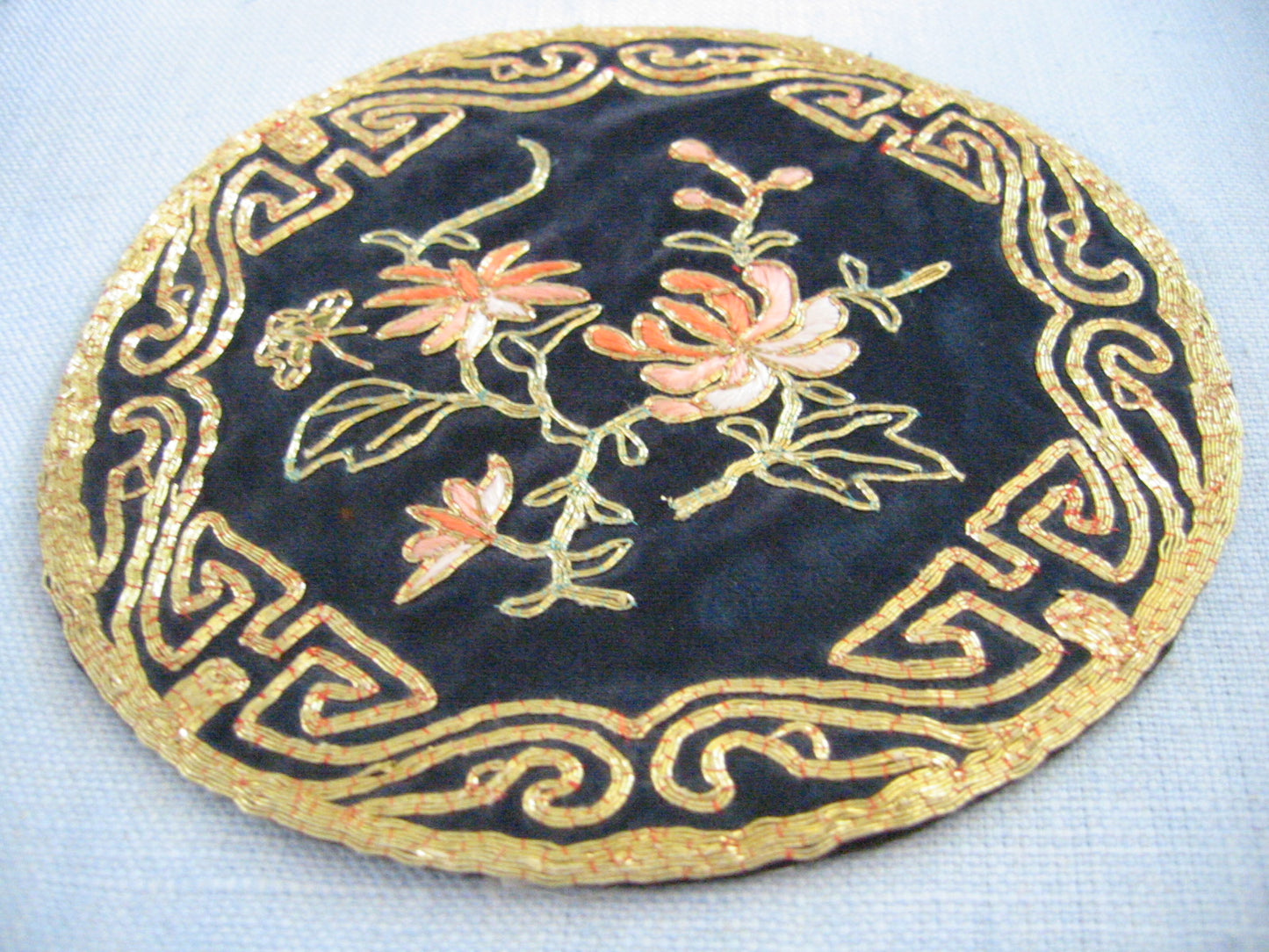 Golden Cloud Chinese Round Black Fabric Gold Embroidery Floral Doily In Pair - Designer Unique Finds 