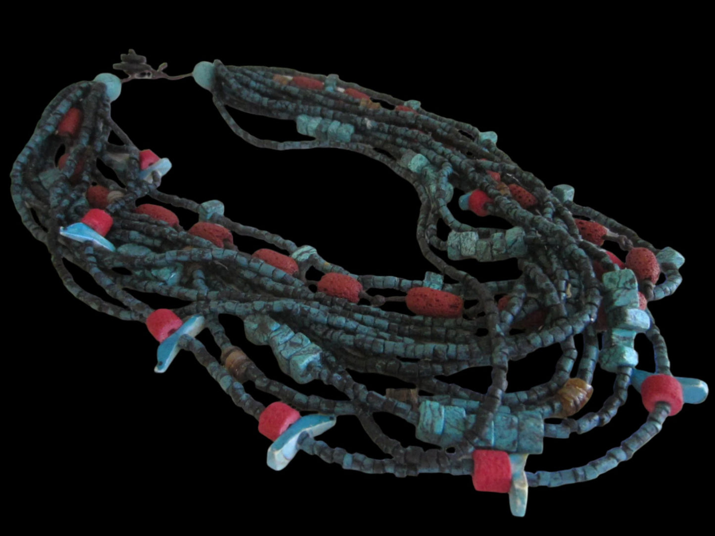 A Native Turquoise Birds Coral Beads Multi Strand Hand Carved Necklace