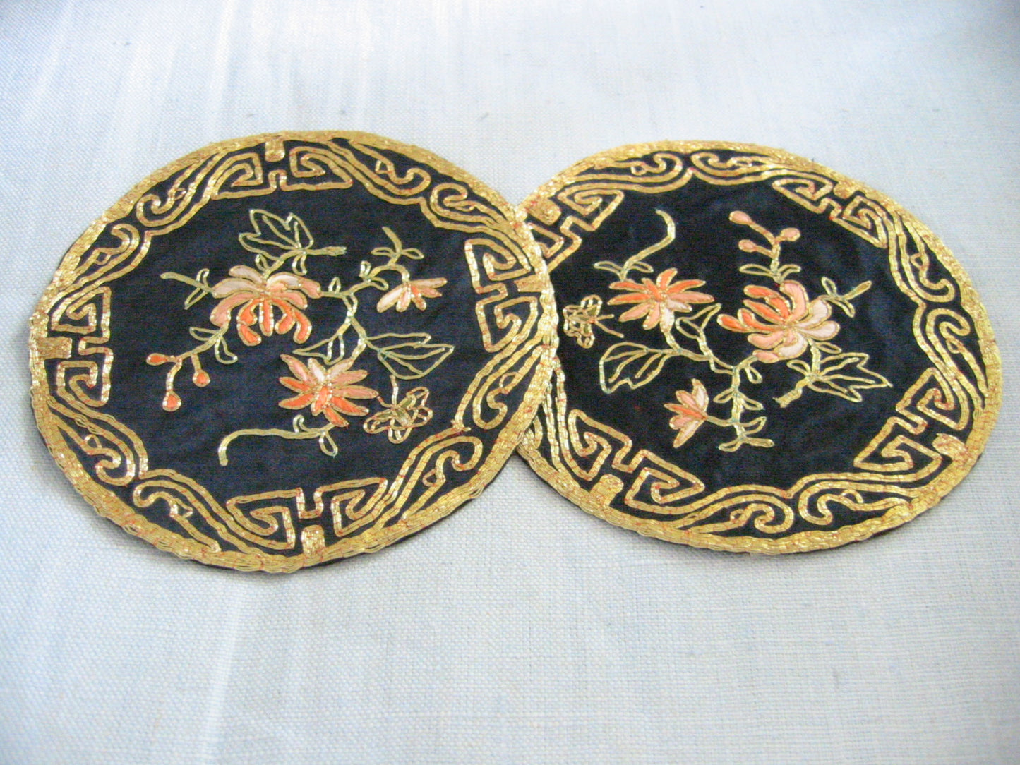 Golden Cloud Chinese Round Black Fabric Gold Embroidery Floral Doily In Pair - Designer Unique Finds 