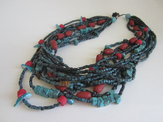 Southwestern Hand Carved Turquoise Coral Bead Strands Necklace Birds - Designer Unique Finds 