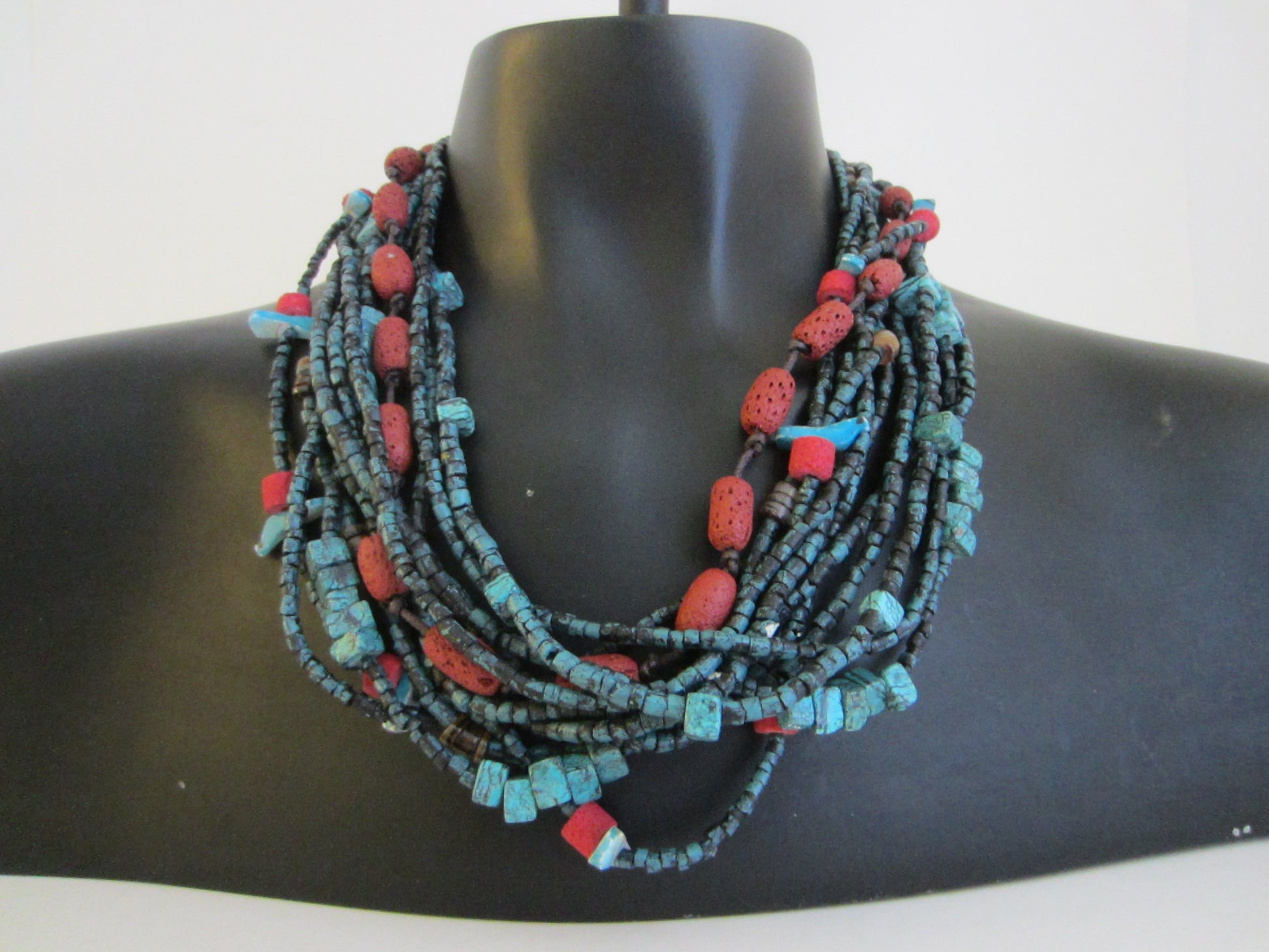 Southwestern Hand Carved Turquoise Coral Bead Strands Necklace Birds - Designer Unique Finds 