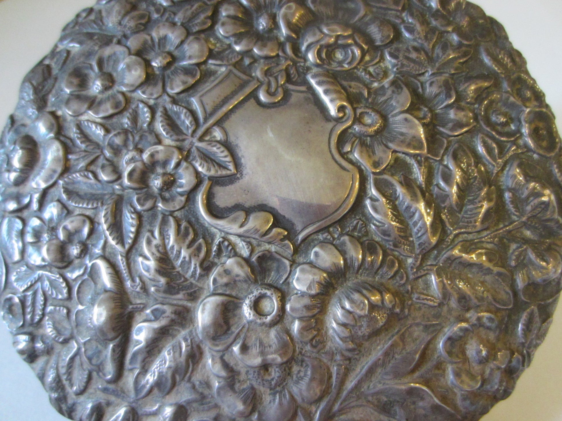 Sterling Mirror Floral Chasing Repousse Maker's Shield Marks - Designer Unique Finds 
 - 4