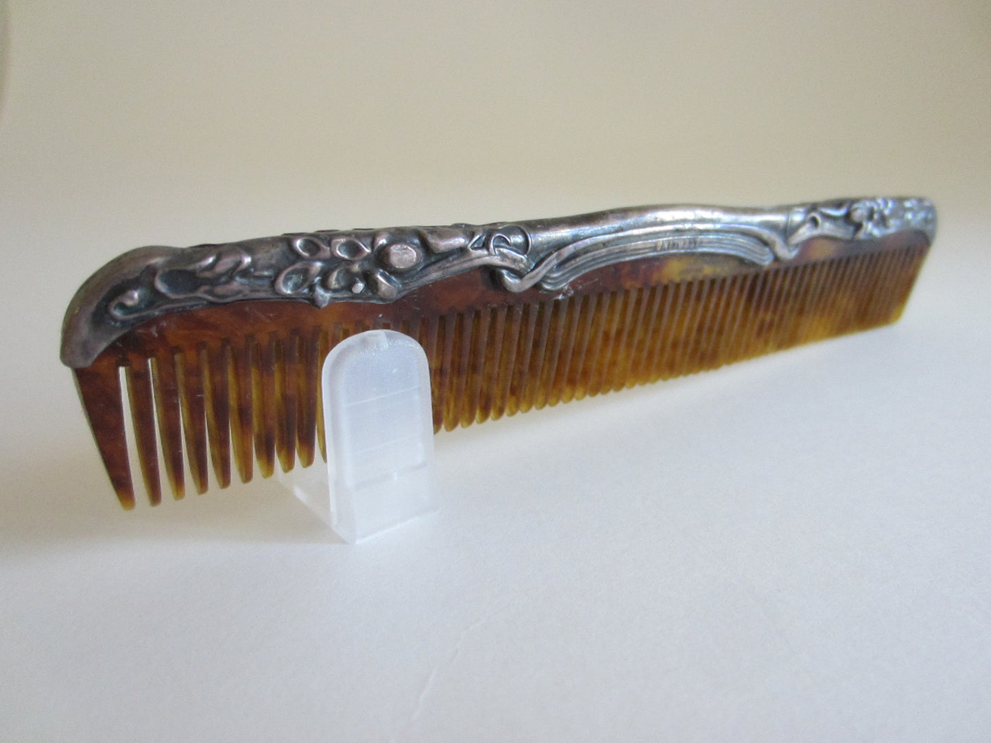 Victorian Sterling Celluloid Hair Comb Floral Chasing - Designer Unique Finds 