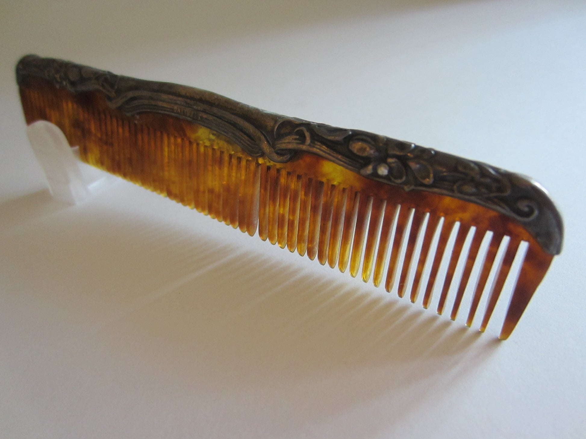 Victorian Sterling Celluloid Hair Comb Floral Chasing - Designer Unique Finds 