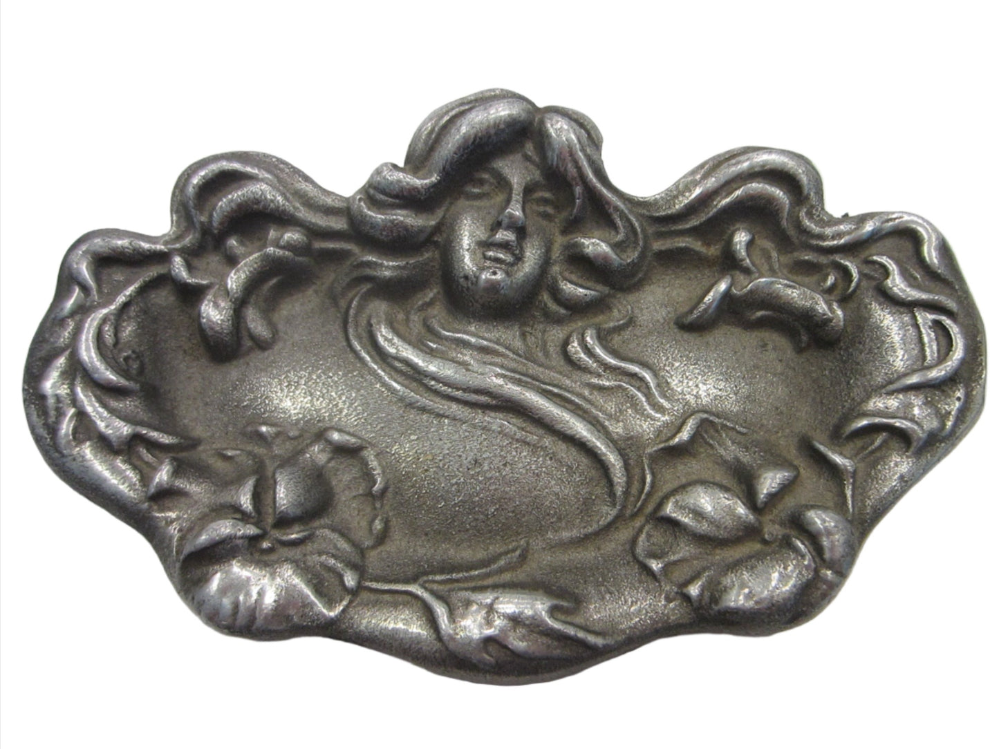 Art Nouveau Style Pewter Miniature Tray Mucha Style Portrait Relief