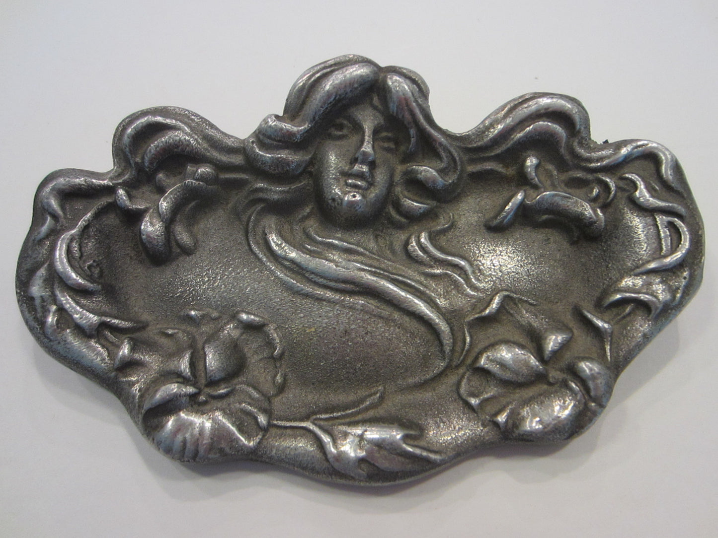 Art Nouveau Style Pewter Miniature Tray Mucha Style Portrait Relief