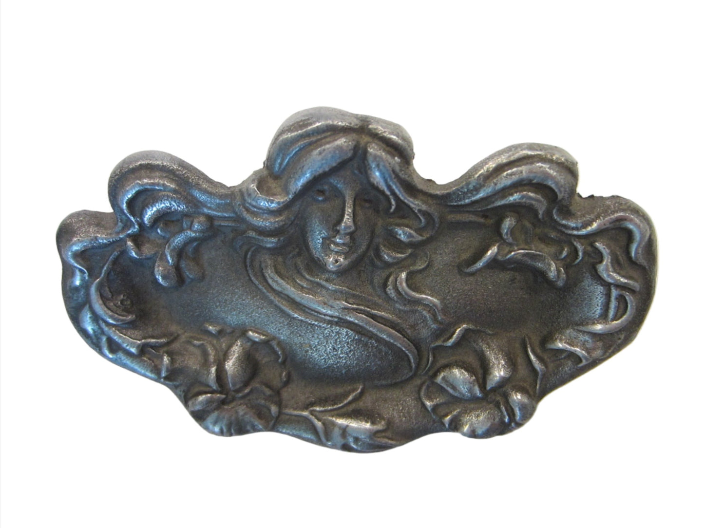 Art Nouveau Style Pewter Miniature Tray Mucha Style Portrait Relief