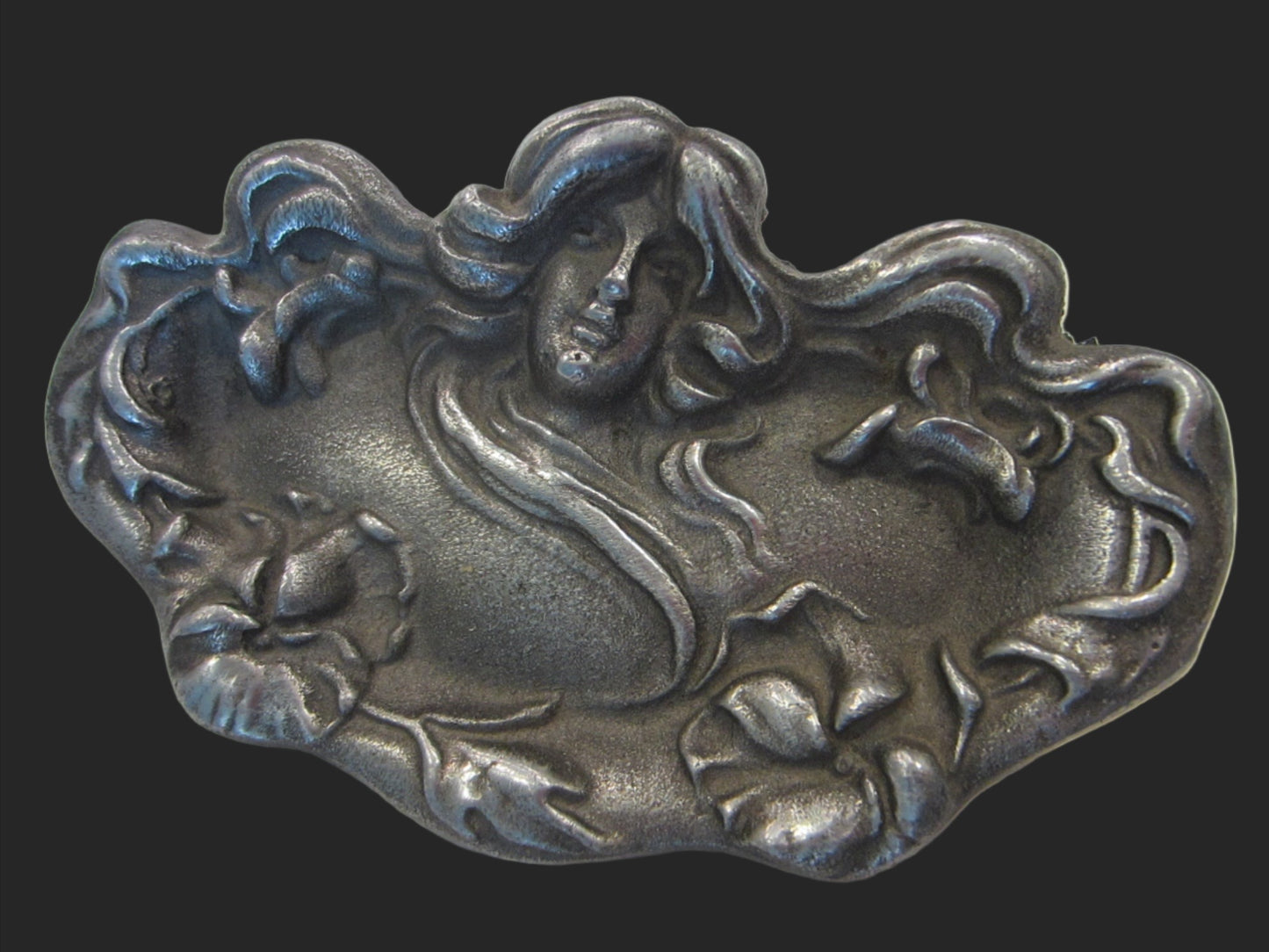 Art Nouveau Style Pewter Miniature Tray Mucha Style Portrait Relief