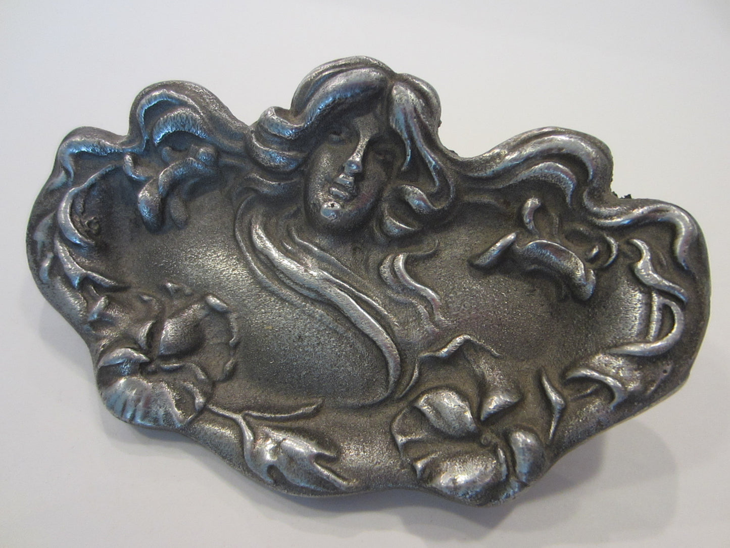 Art Nouveau Style Pewter Miniature Tray Mucha Style Portrait Relief