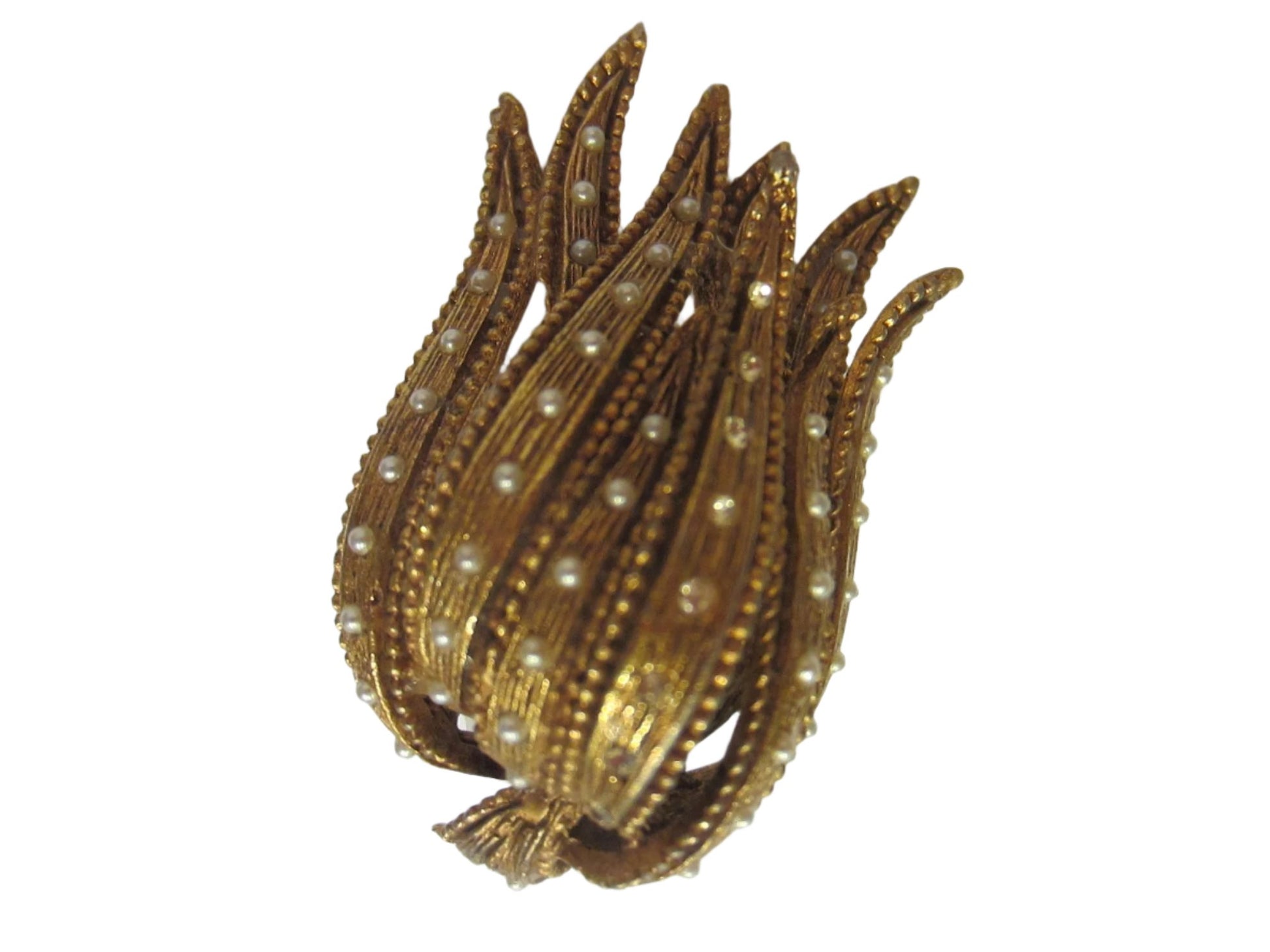 Golden Tulip Brooch Micro Pave Crystals Pearls