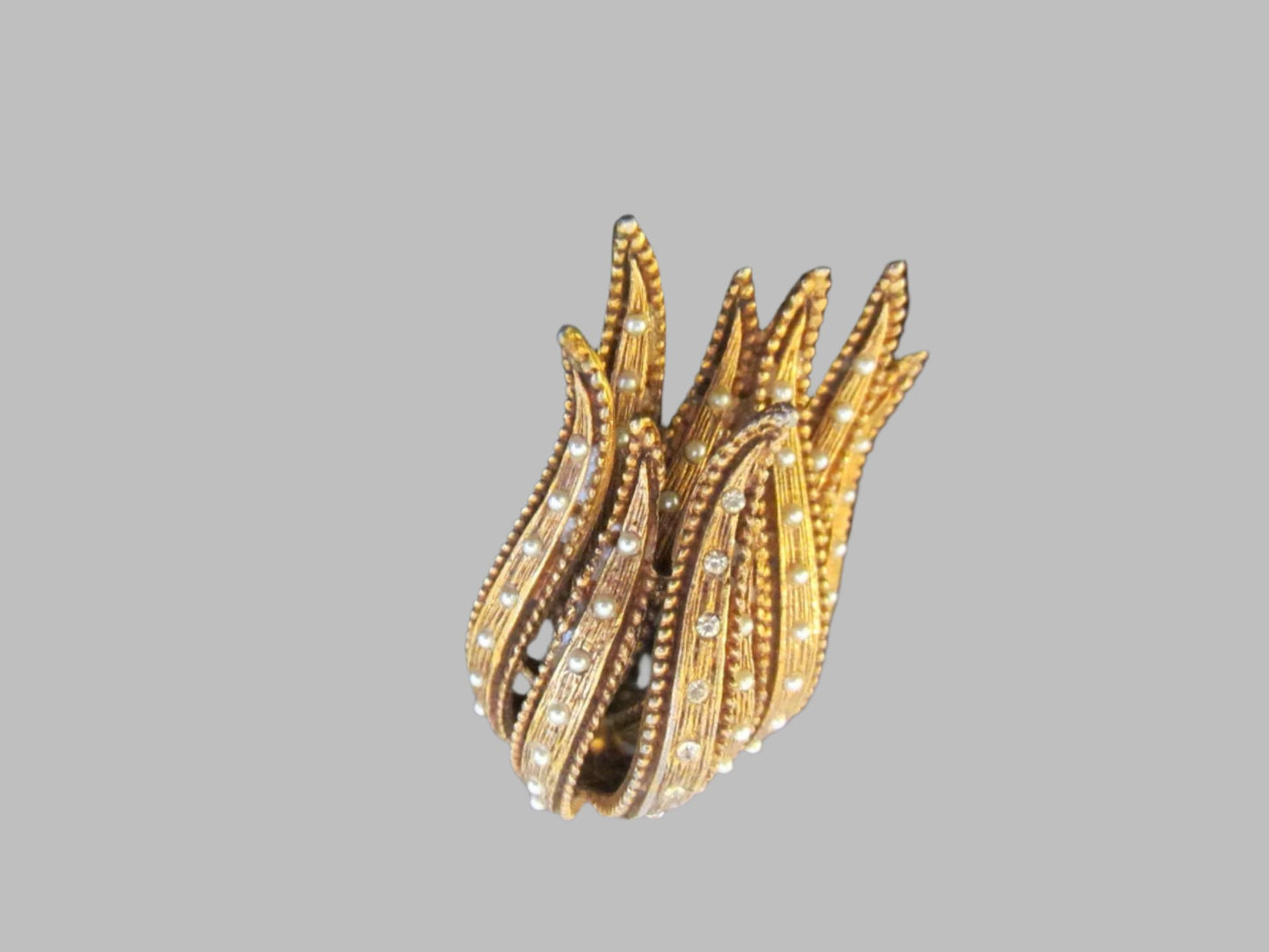 Golden Tulip Brooch Micro Pave White Crystals Seed Pearls - Designer Unique Finds 