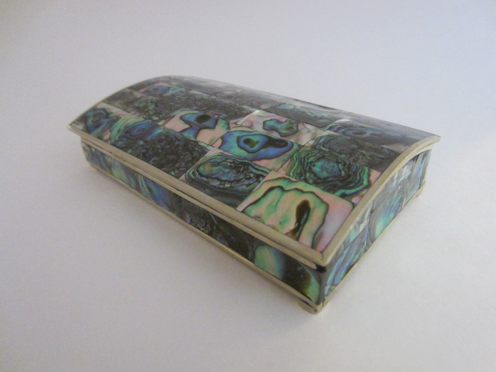 Mexico Alpaca Abalone Intarsia Silver Plated Humidor Hinged Box - Designer Unique Finds 