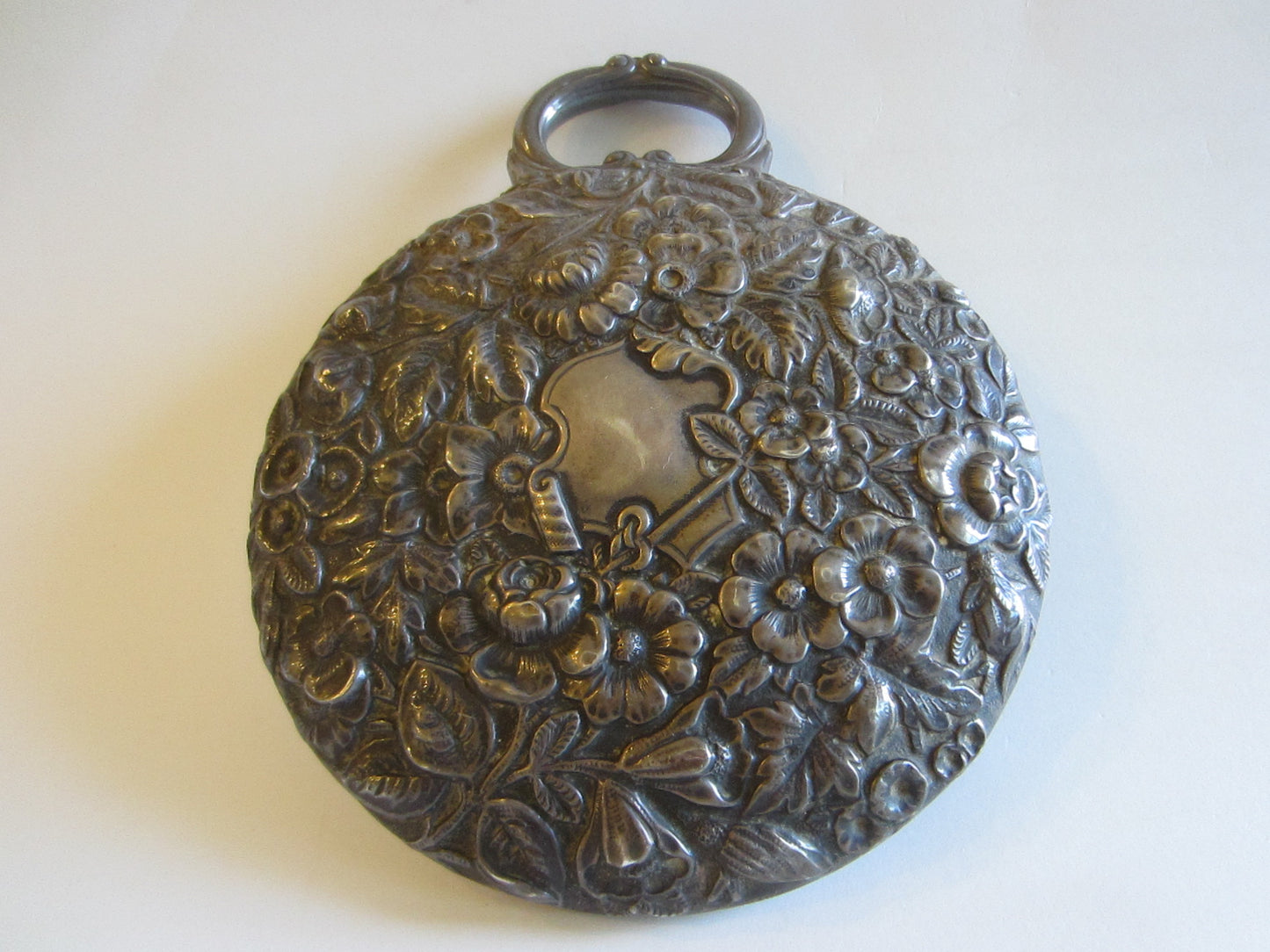 Hand Held Sterling Mirror Blooming Repouse Flowers