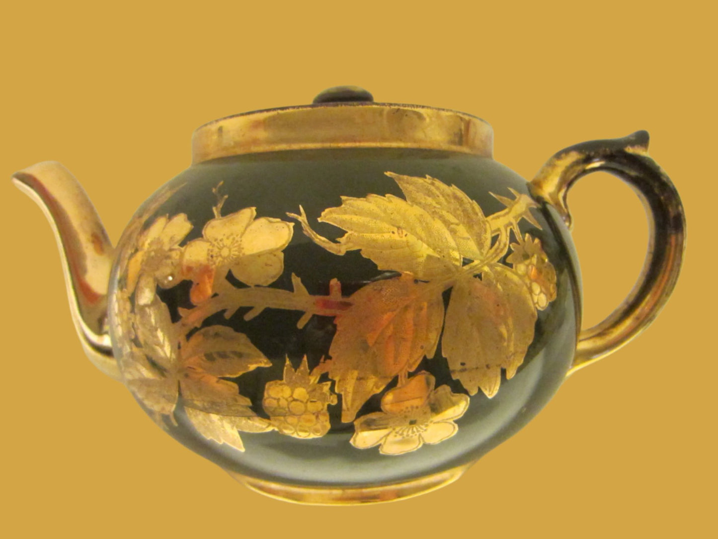 Staffordshire England Green Teapot Decorated Gold Flowers - Designer Unique Finds 