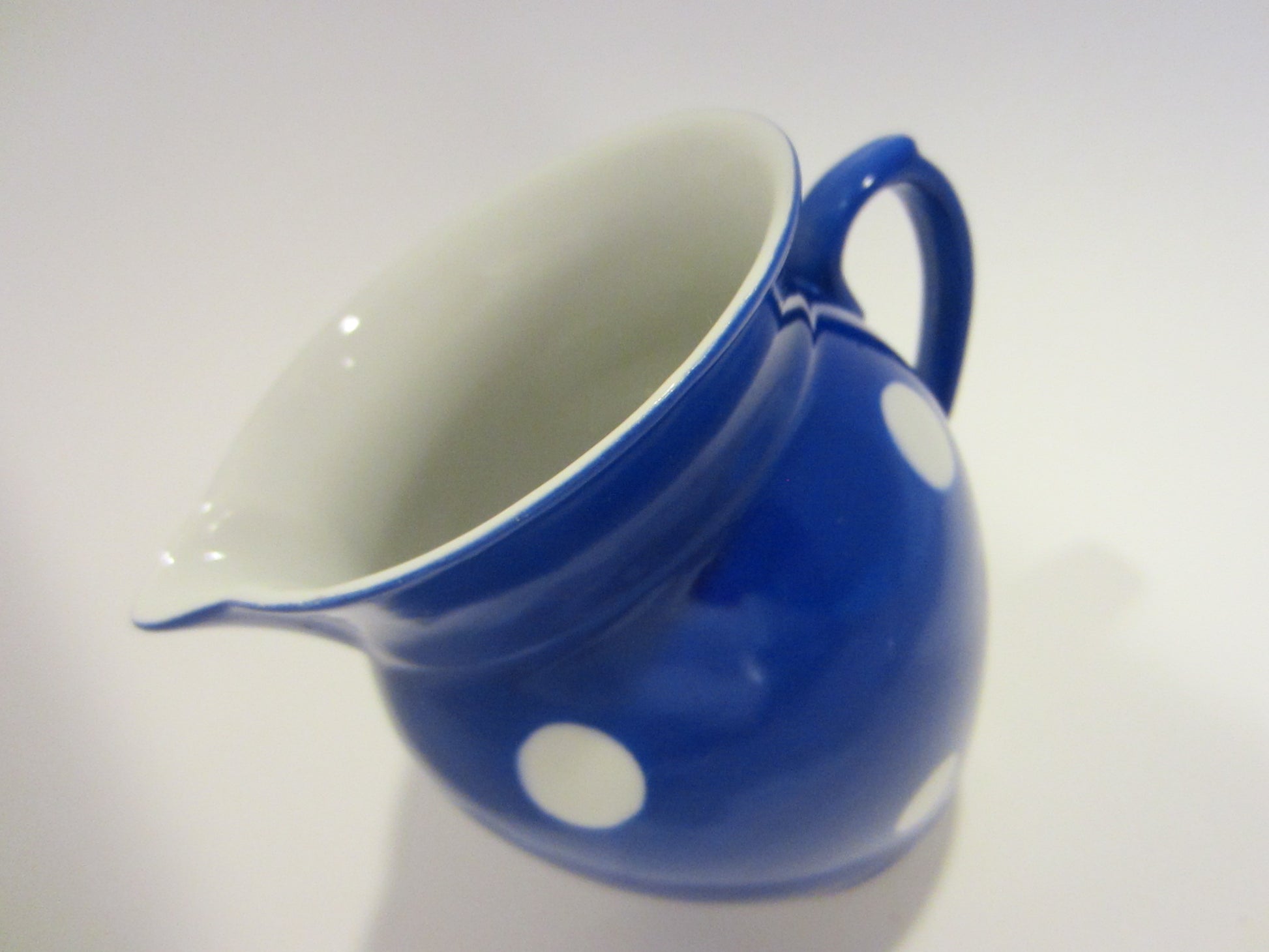 Blue Ceramic Pitcher Hand Painted White Polka Dots - Designer Unique Finds 