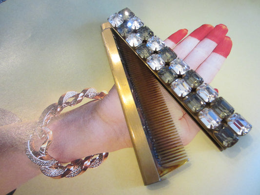 Mid Century Rhinestone Cabochons Brass Folding Hair Comb - Designer Unique Finds 