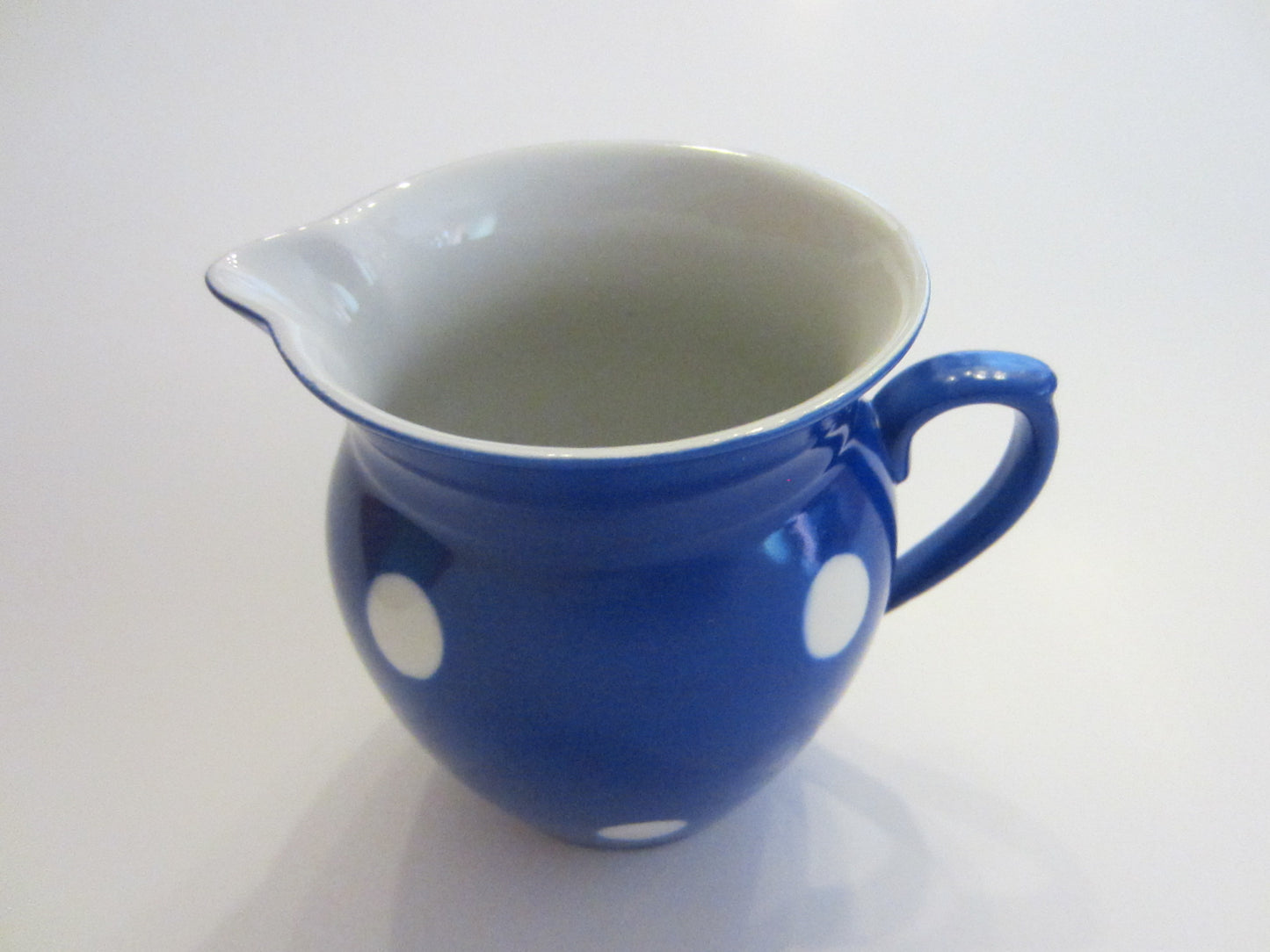 Blue Ceramic Pitcher Hand Painted White Polka Dots - Designer Unique Finds 