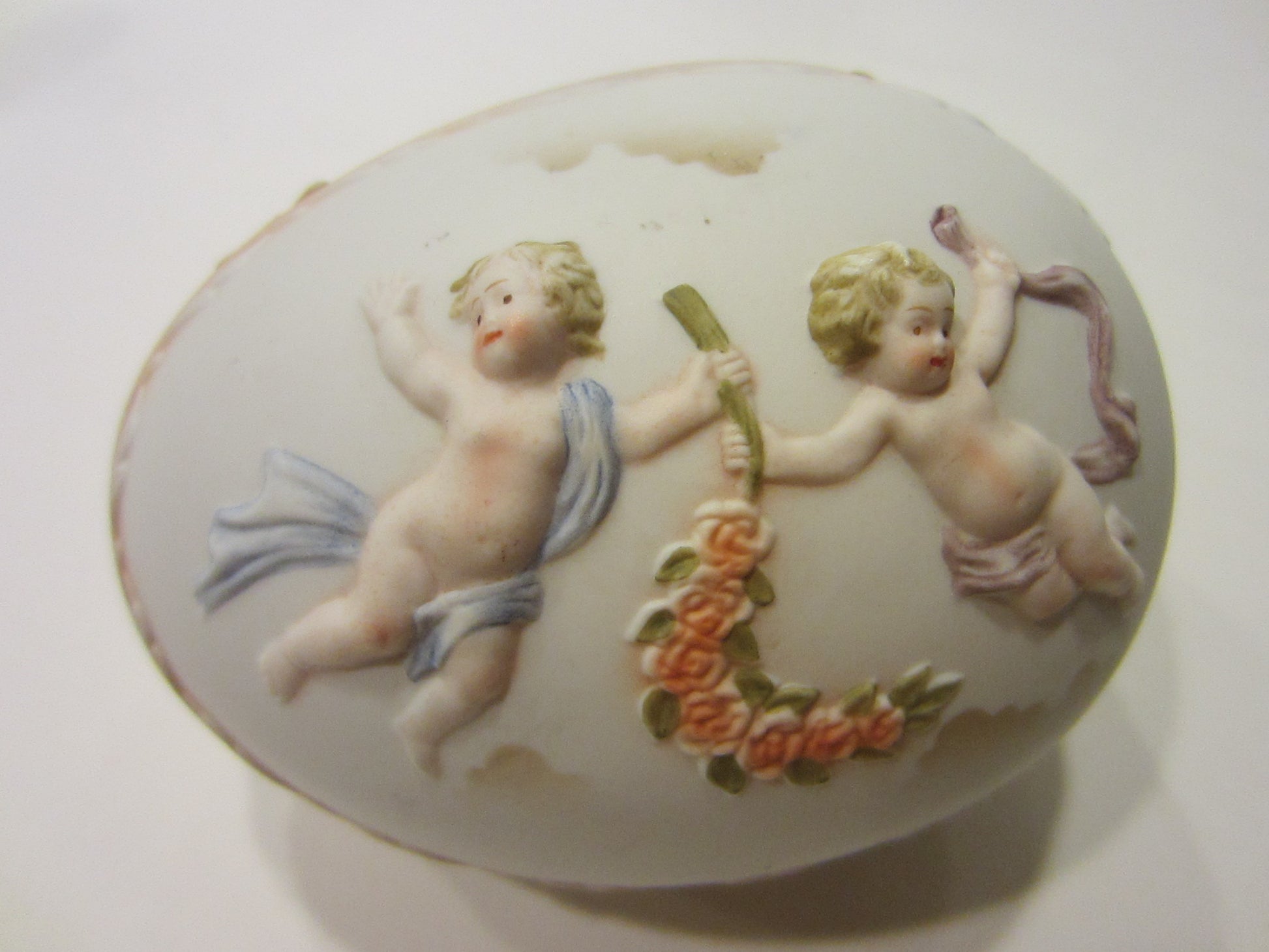 Royal Worcester Porcelain Bisque Majolica Covered Egg Box Floral Angels - Designer Unique Finds 