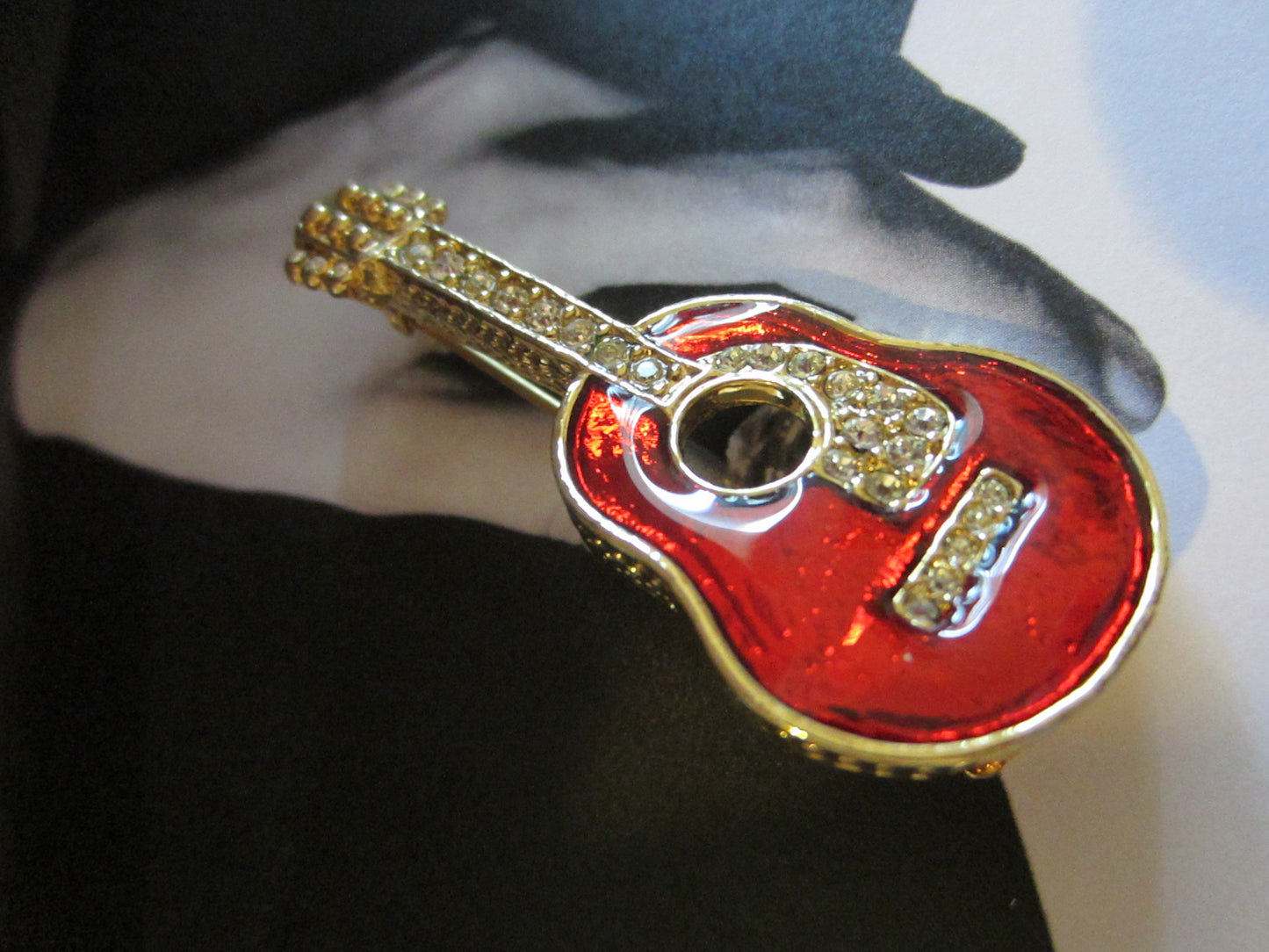 Red Enamel Micro Pave Rhinestones Embellished Guitar Brooch