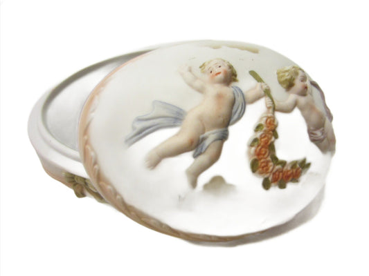 Royal Worcester Porcelain Bisque Majolica Covered Egg Box Floral Angels - Designer Unique Finds 