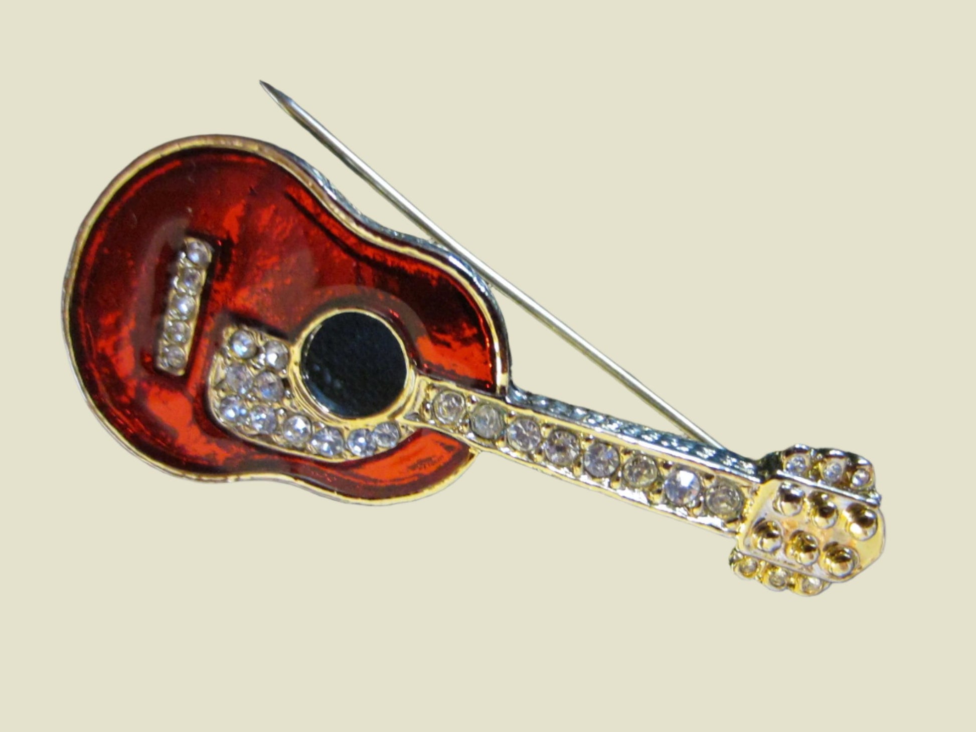 Red Guitar Brooch Golden Brass Enamel Rhinestone - Designer Unique Finds 
 - 1