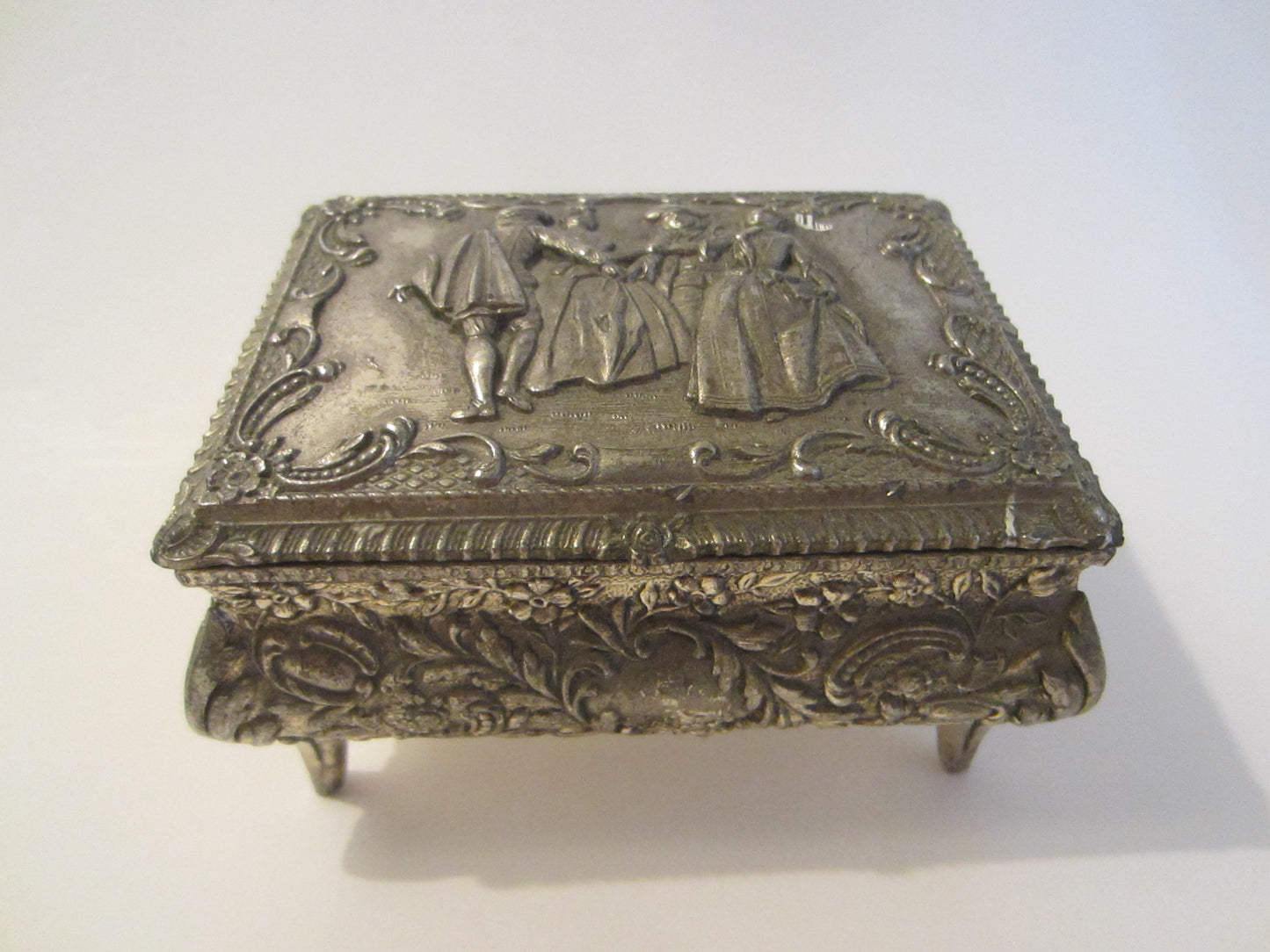 Victorian Style Silver Jewelry Box Figurative Floral Theme Japan - Designer Unique Finds 