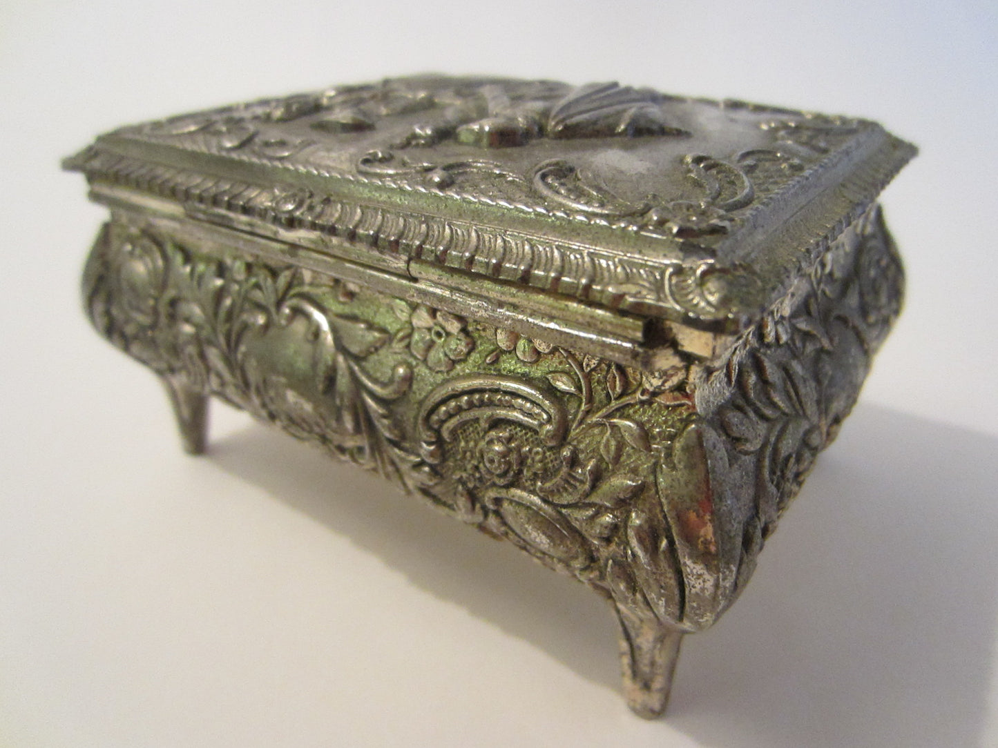 Victorian Style Silver Jewelry Box Figurative Floral Theme Japan - Designer Unique Finds 