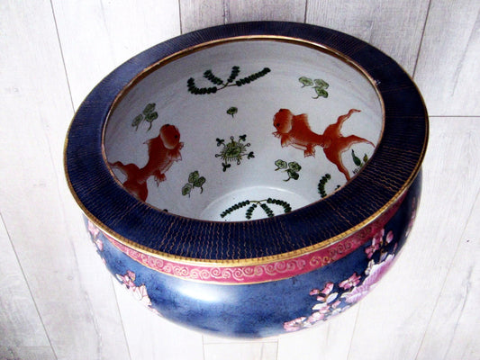 Chinese Porcelain Blue Fish Bowl Enameling Pink Flowers - Designer Unique Finds 