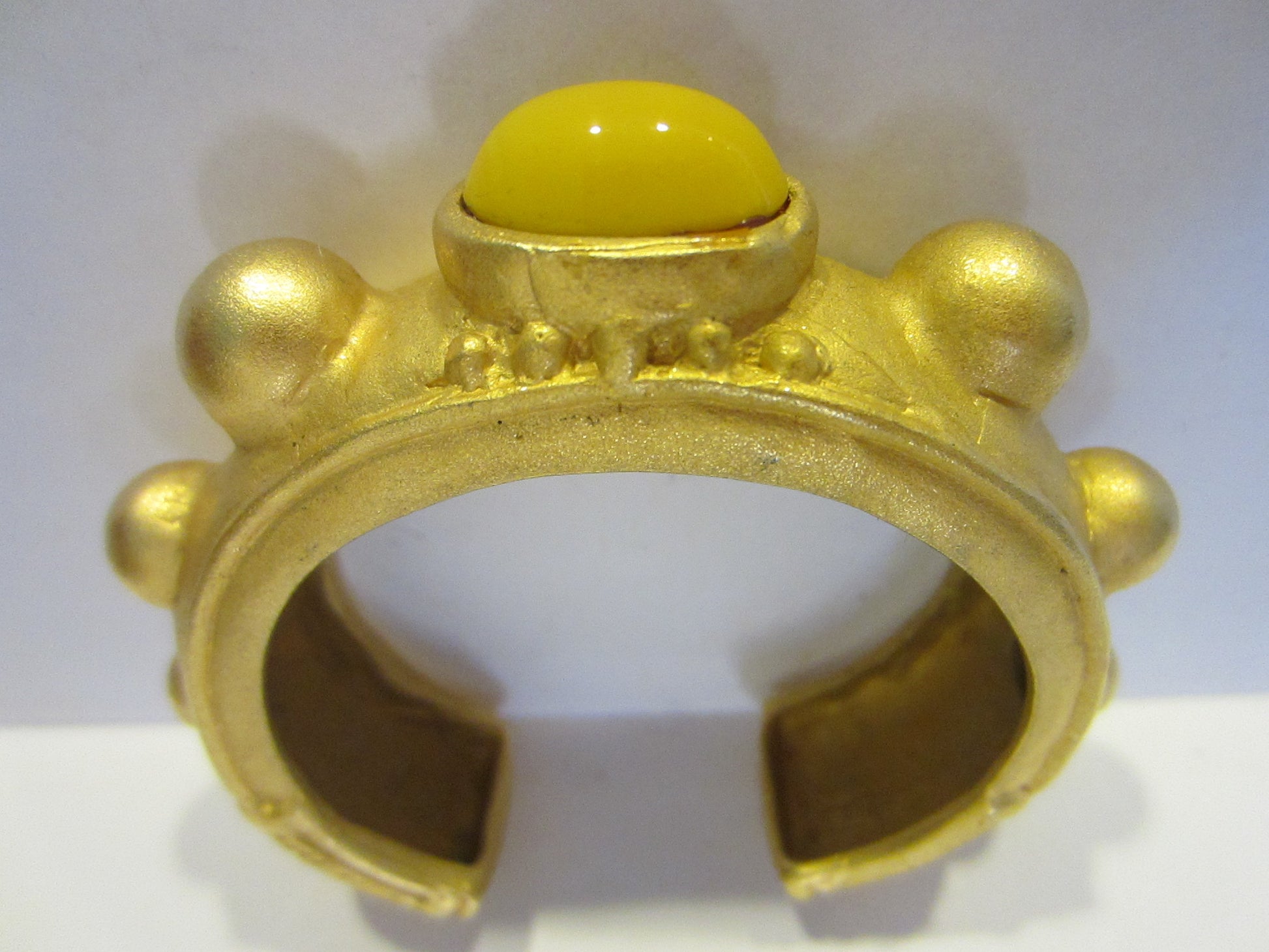 Deanna Hamro Brass Cuff Bracelet Yellow Glass Cabochon Signed - Designer Unique Finds 
 - 1