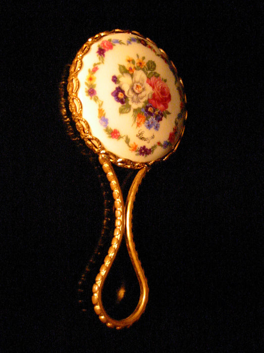 Limoges Hand Held Miniature Mirror Brass Frame Handle - Designer Unique Finds 