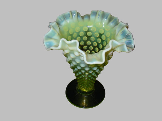 Opalescent Translucent Crimped Topaz Green Glass Vase - Designer Unique Finds 