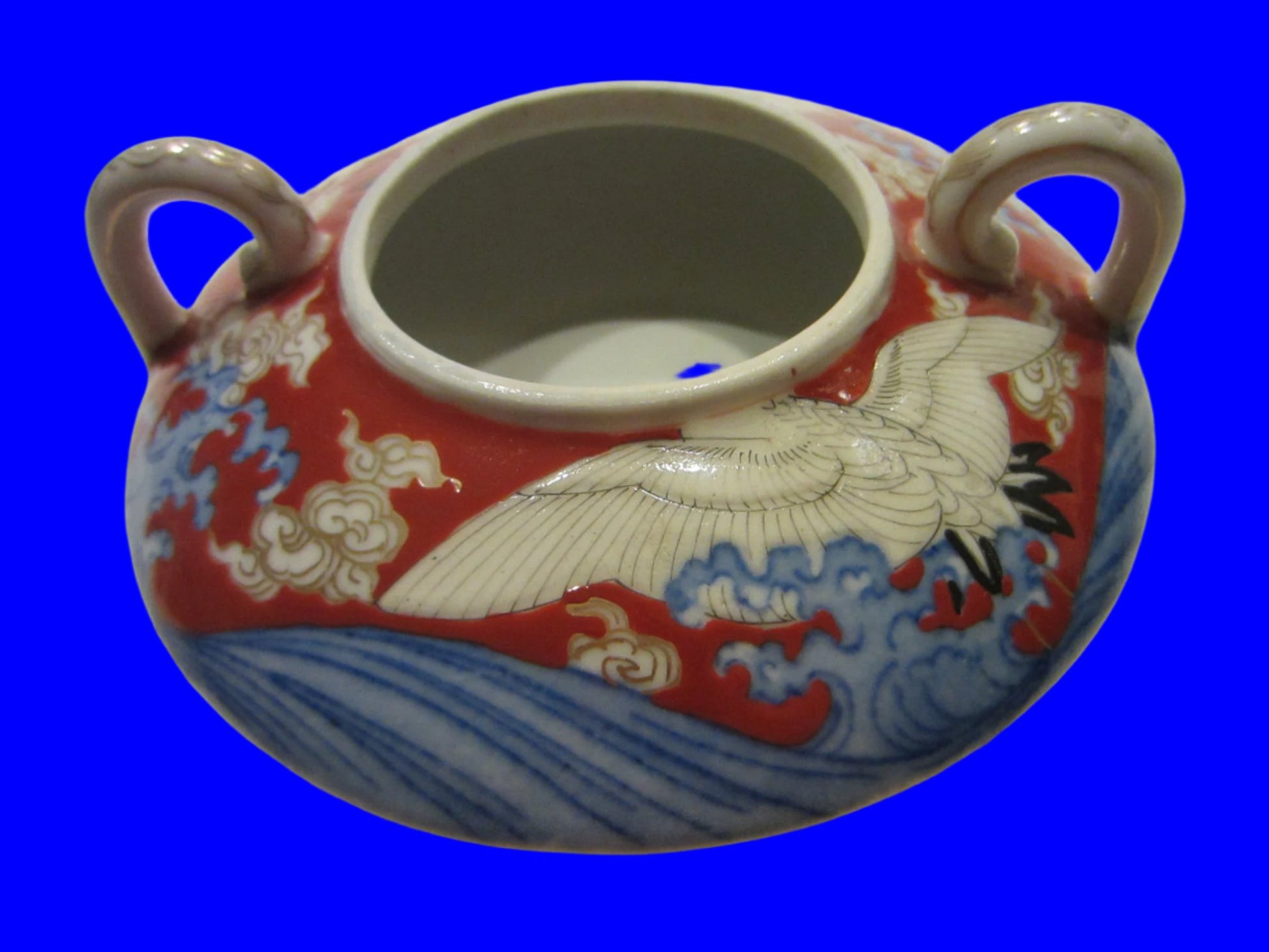 Porcelain Sugar Cream Bowl W Handle Golden Blue Birds Hand Painted Marked Stamped - Designer Unique Finds 