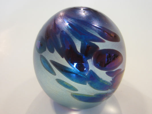 OBG Ocean Wave Signed Iridized Glass Paperweight Blue Silver