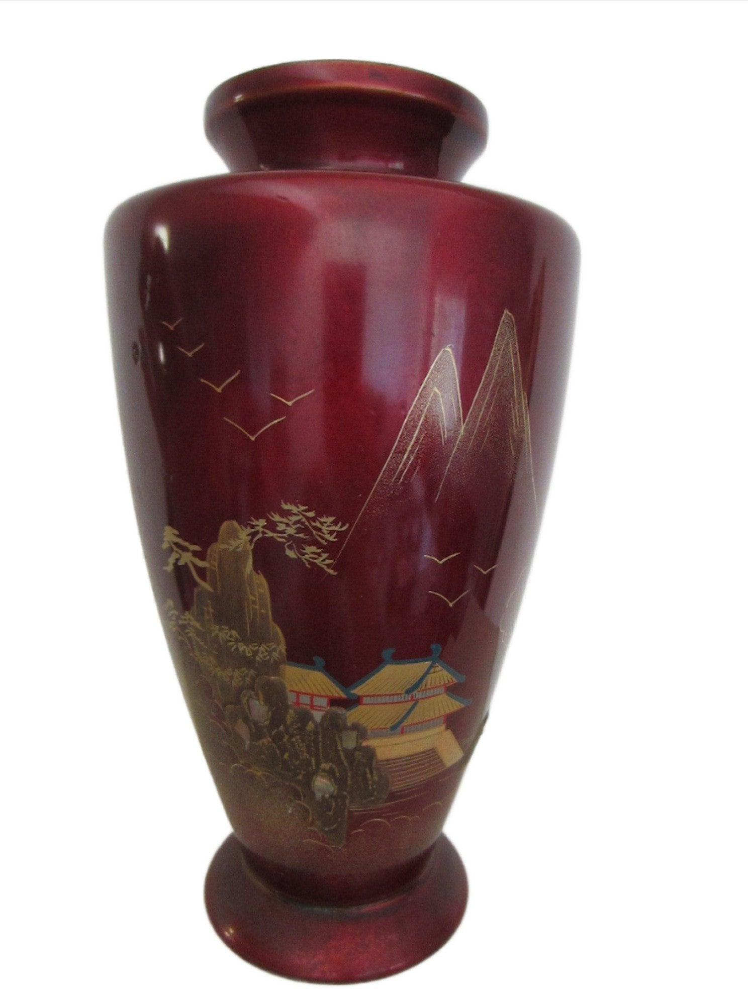 Aizu Japan Chinoiserie Red Lacquered Flower Vase Copper Insert - Designer Unique Finds 