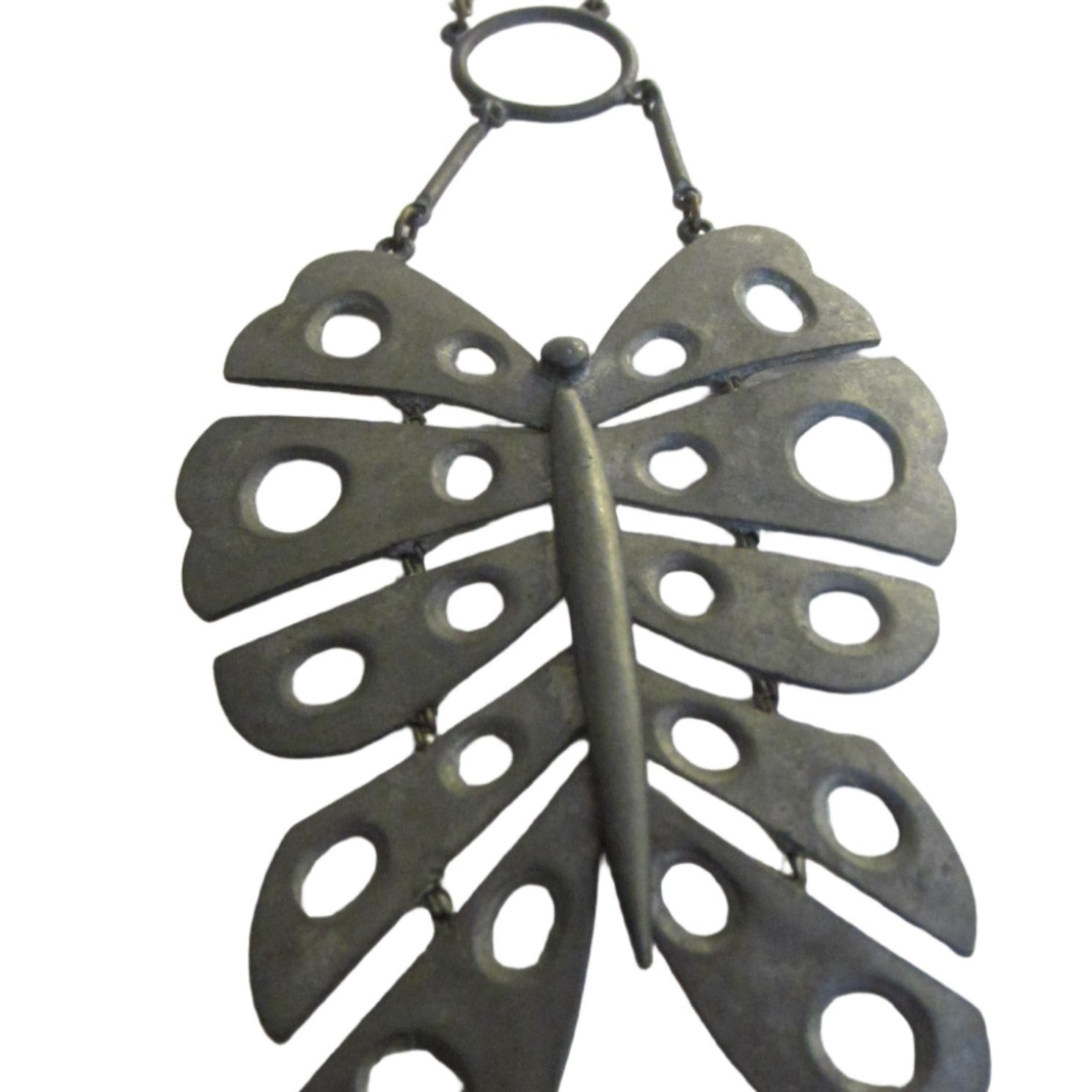 Necklace Pewter Butterfly Signed Art Primitive Geometric Design - Designer Unique Finds 