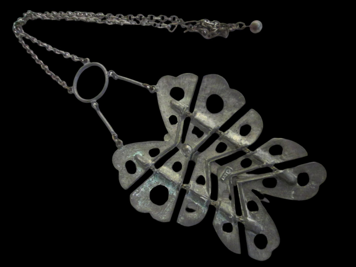 Butterfly Pewter Necklace Pewter Marked Art Primitive Geometric Design - Designer Unique Finds 